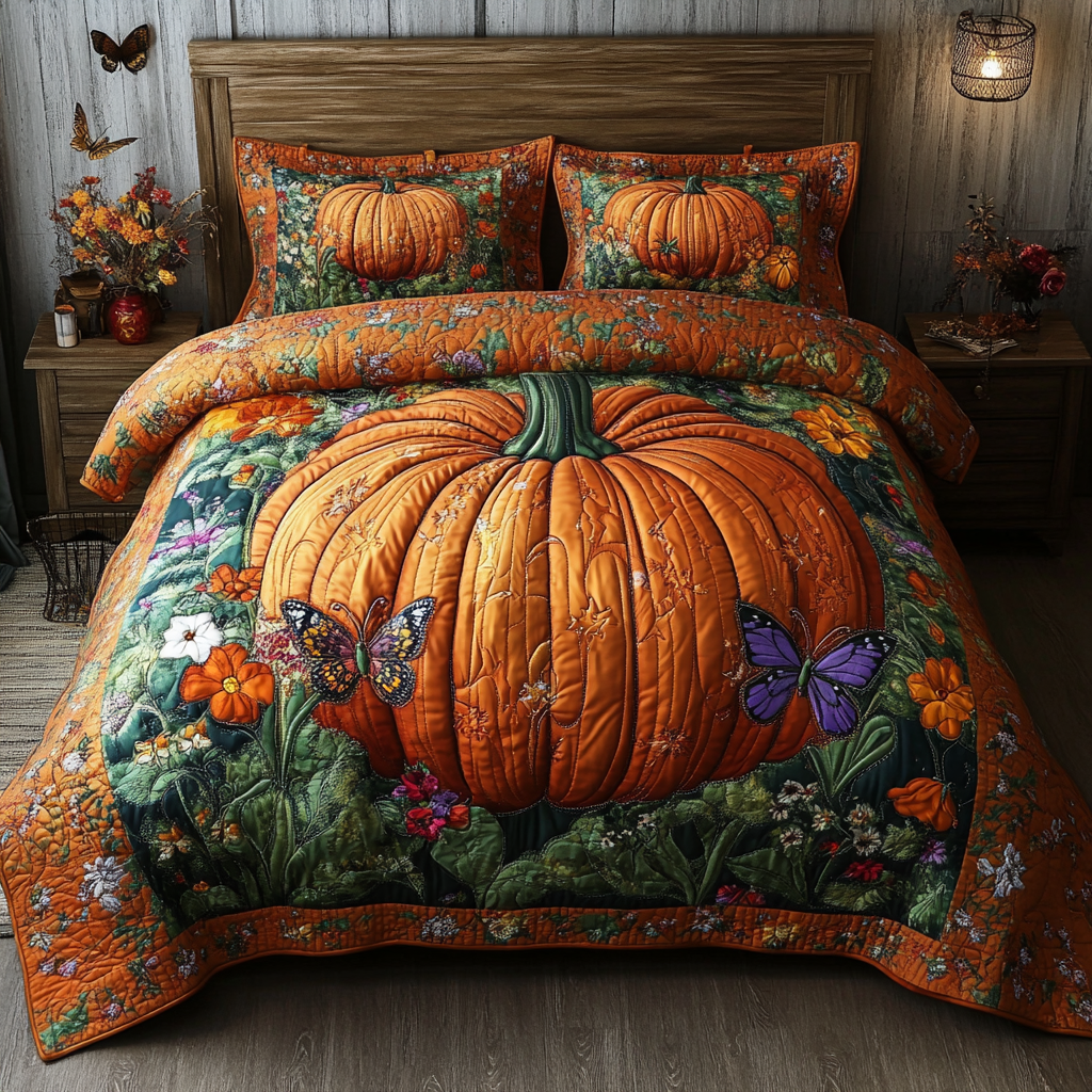 Pumpkin Meadow Quilted Bedding Set Cute Bedsheets Special Present For Mum
