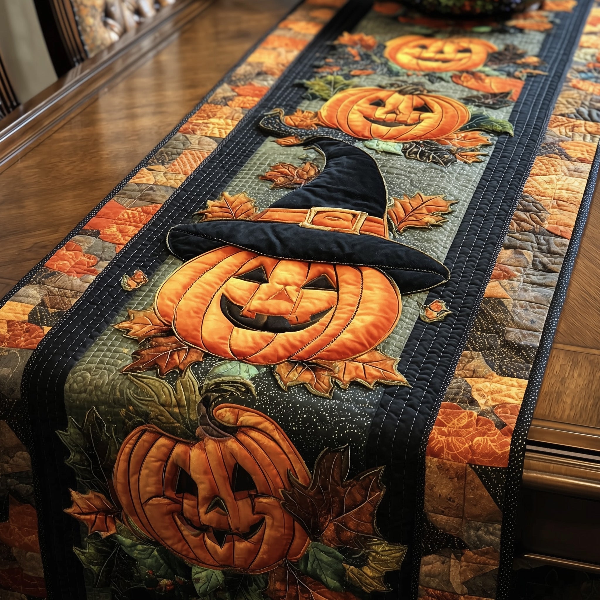 Pumpkin Nightfall Quilted Table Runner Halloween Decor Gift For Halloween