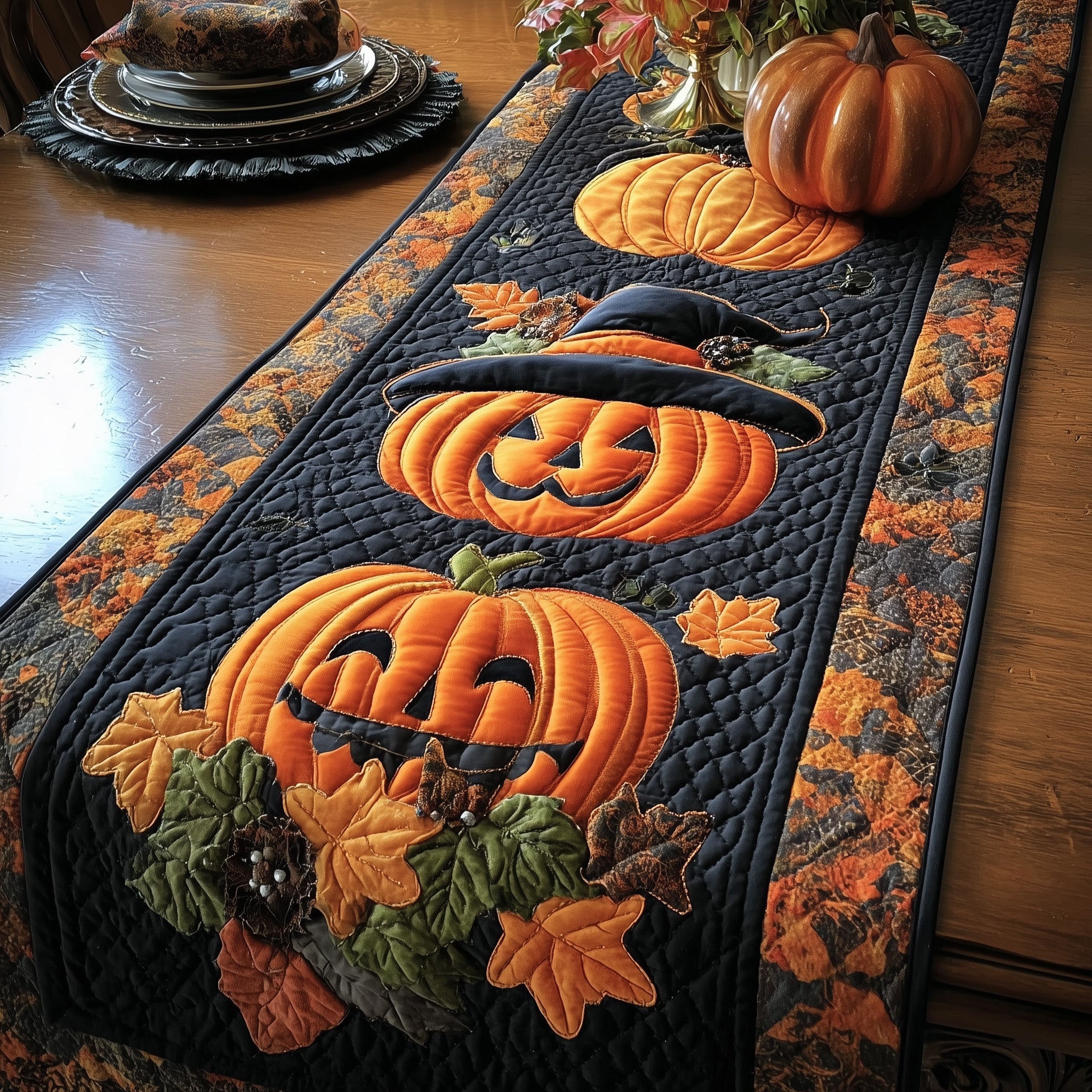 Pumpkin Nightfall Quilted Table Runner Halloween Home Decor Gift For Halloween