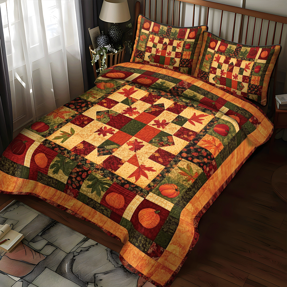 Pumpkin Patchwork Fall Quilted Bedding Set Cute Bed Sheets For Teens Thanksgiving Gifts For Teachers