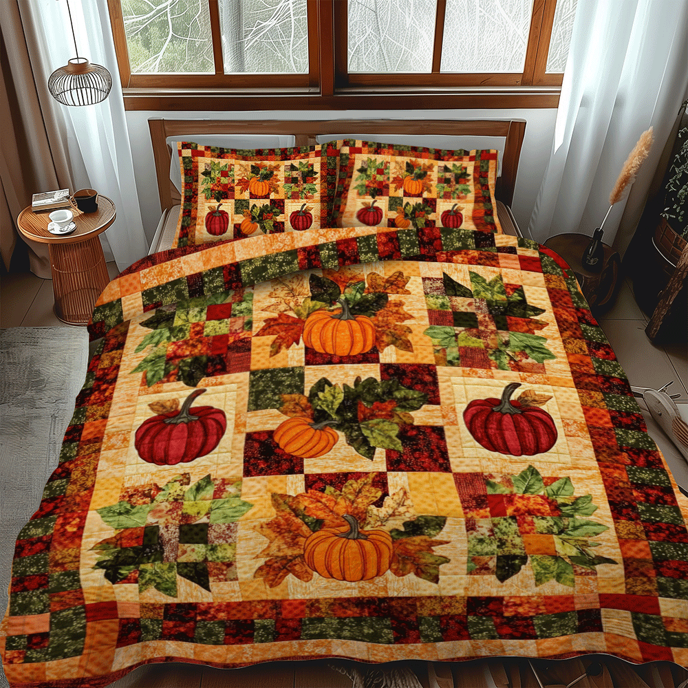 Pumpkin Patterned Thanksgiving Quilted Bedding Set Cute Bedsheets Best Thanksgiving Gifts