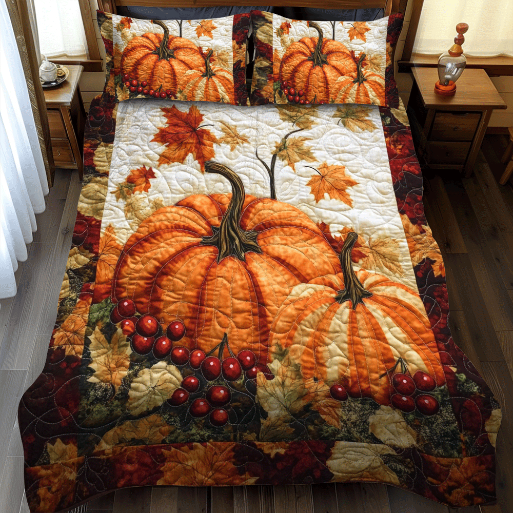Pumpkin Thanksgiving Spirit Quilted Bedding Set Cute Bed Sheets Thanksgiving Gifts For Coworkers