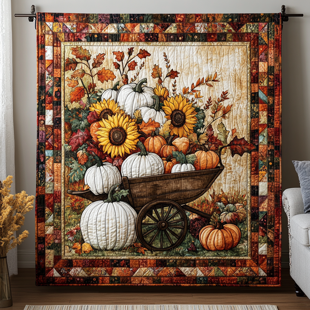 Pumpkin Wheelbarrow Quilted Blanket Bed Comforter Set Thanksgiving Gifts For Coworkers
