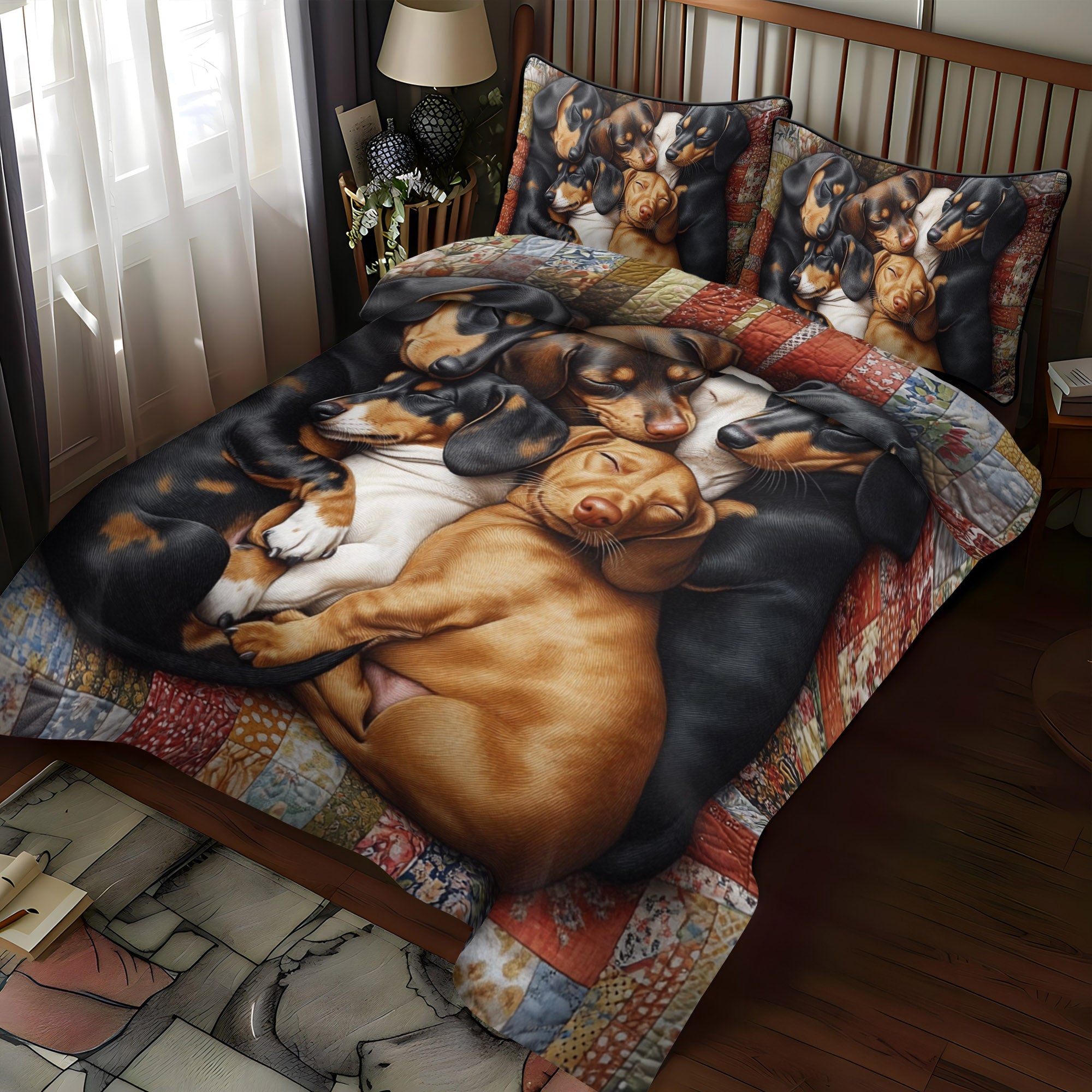 Puppy Pile Quilted Bedding Set Unique Bed Sheets Sausage Dog Themed Gifts