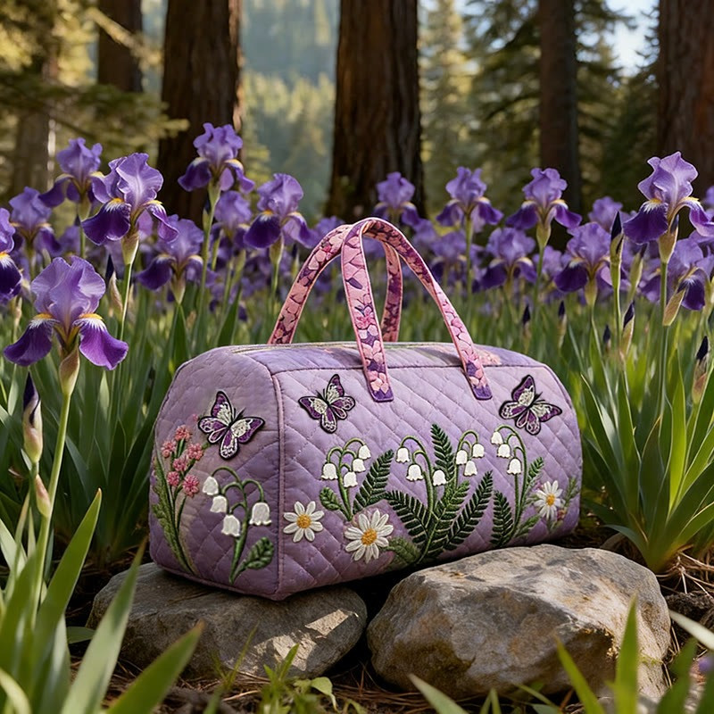 Purple Flowers And Butterflies Quilted Duffle Bag Boho Floral Travel Bag Gift For Women
