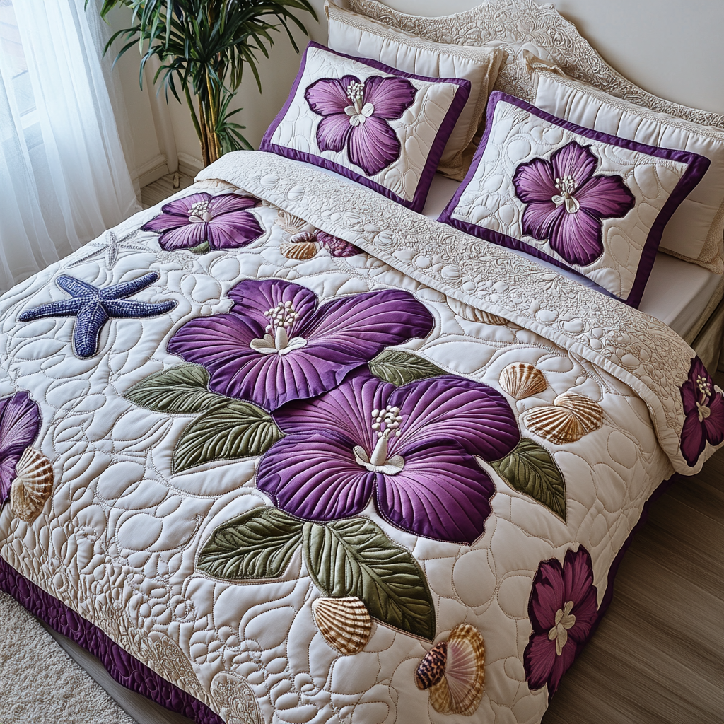 Purple Hibiscus Quilted Bedding Set Cute Bedroom Decor Good Gifts For Mom