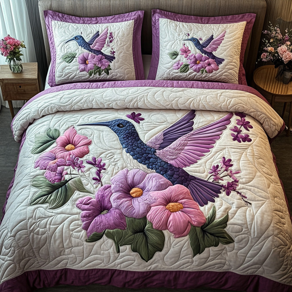 Purple Hummingbird Quilted Bedding Set Bed Comforter Sets Awesome Gifts For Hummingbird Lovers