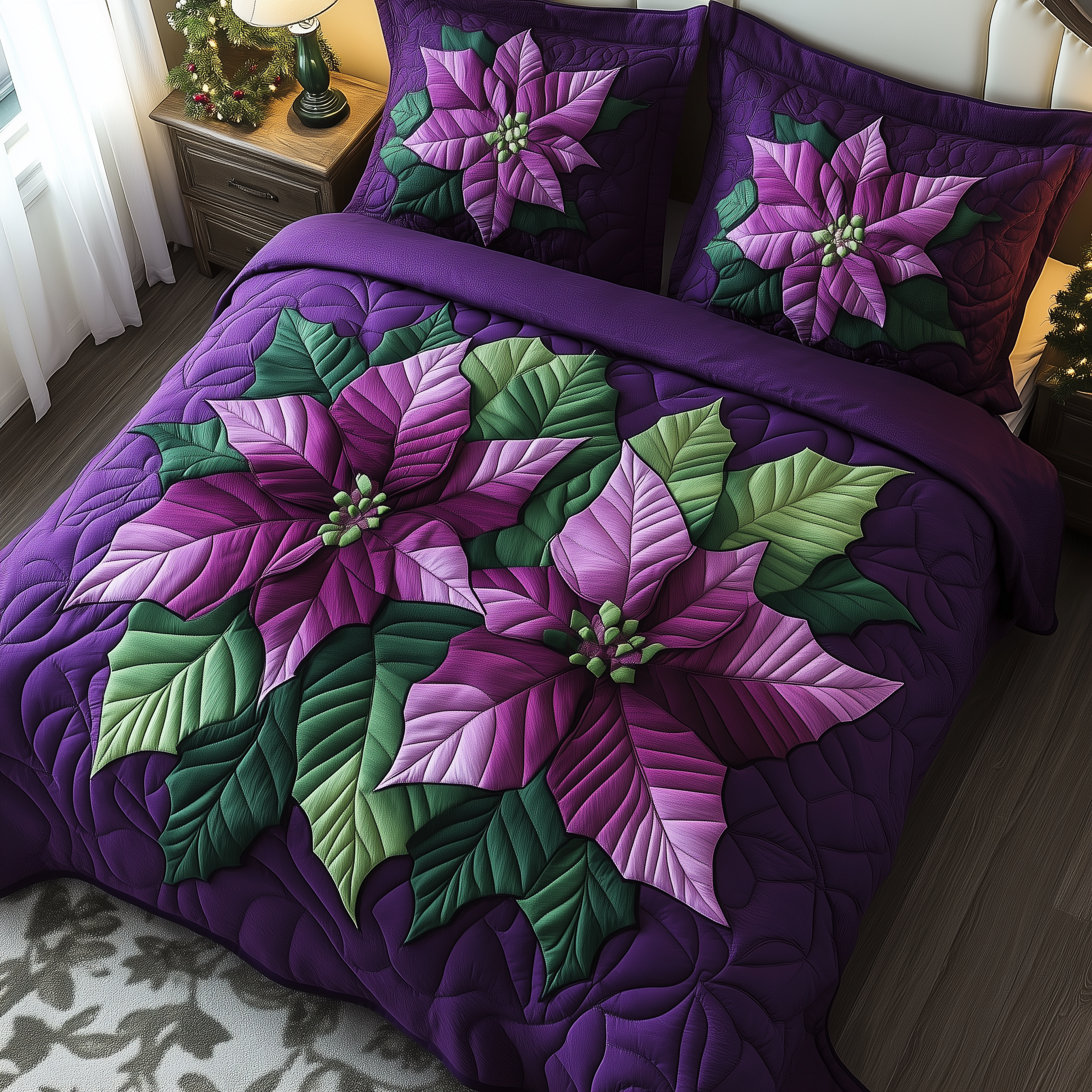Purple Poinsettias Quilted Bedding Set Christmas Comforter Set King Christmas Present Ideas For Him