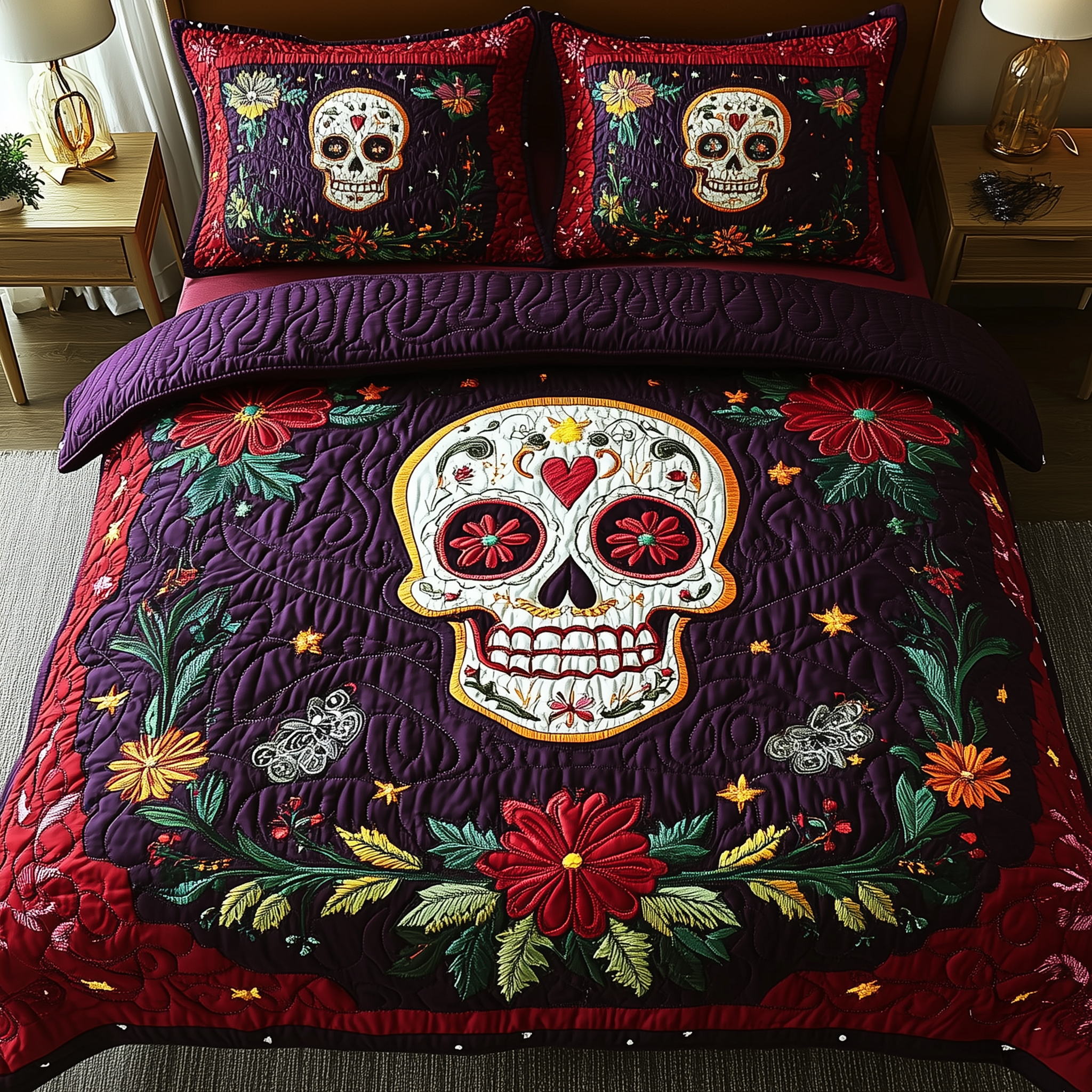 Purple Skull Quilted Bedding Set Cover Bed Set Skull Christmas Gifts