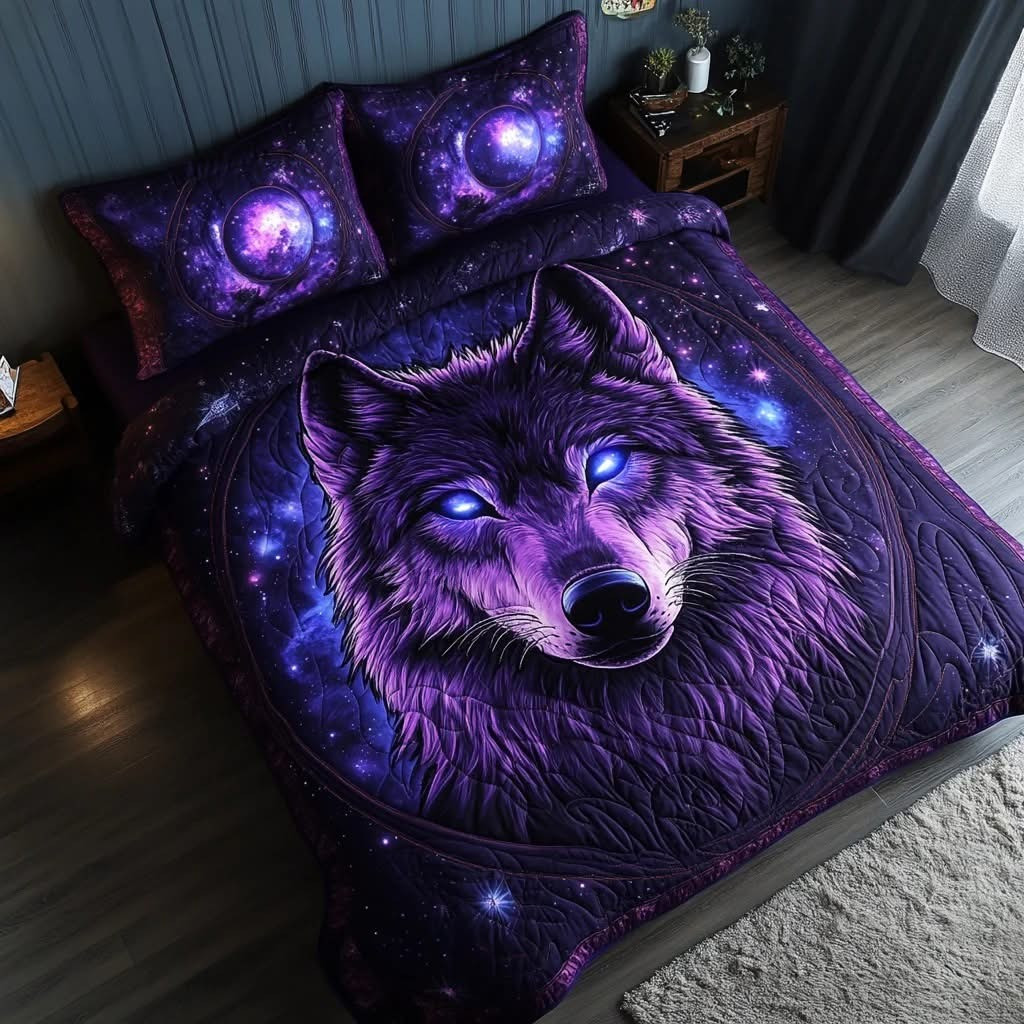 Purple Wolf Galaxy Quilted Bedding Set Bedroom Decoration Great Wolf Lodge Christmas Gift