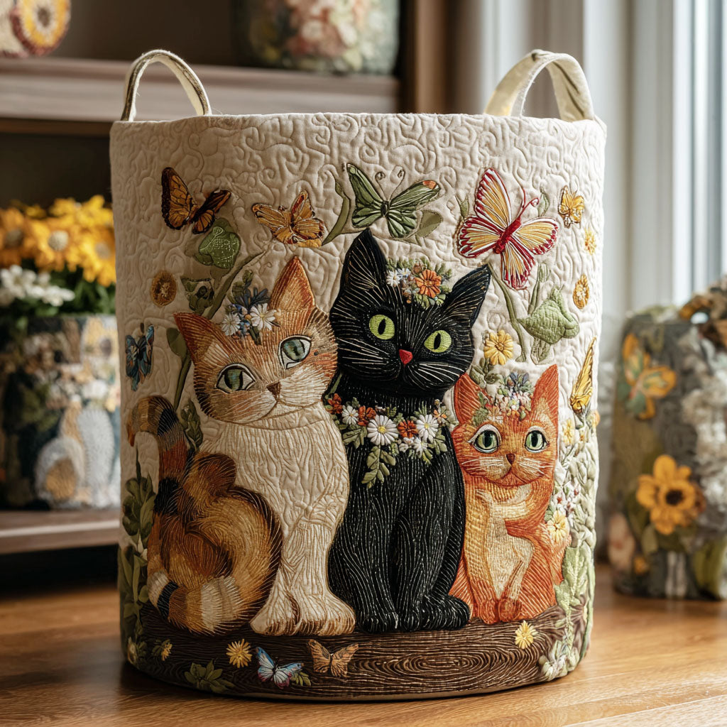 Purr in Bloom Quilted Laundry Basket Folding Laundry Hamper Housewarming Gifts