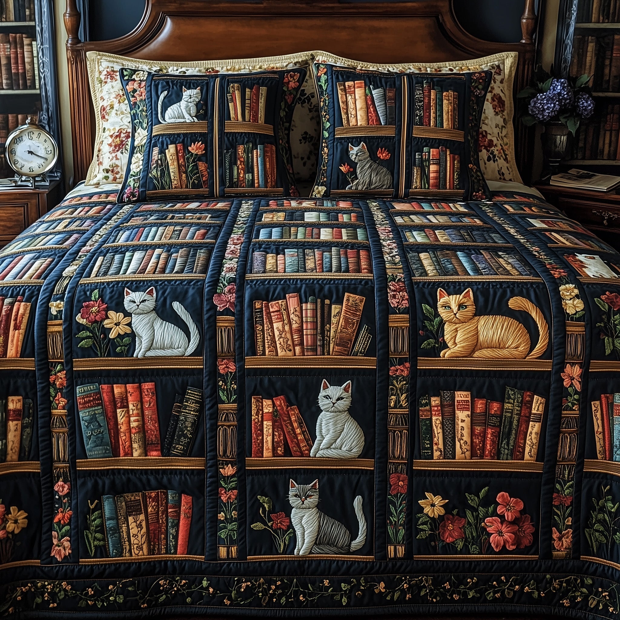 Purrfect Library Retreat Quilted Bedding Set Boho Bedroom Ideas Gifts For People Who Like Books
