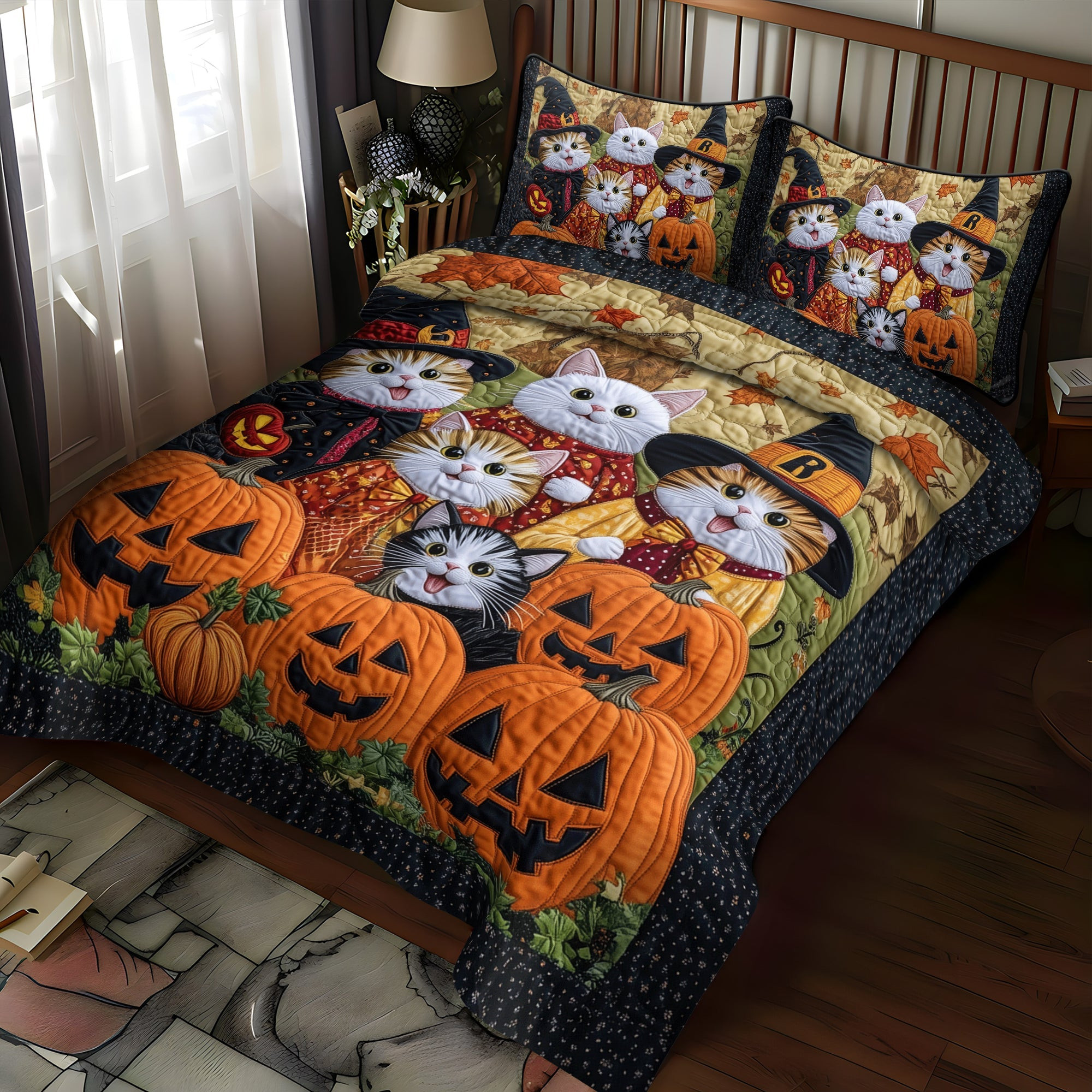 Purrfectly Haunted Quilted Bedding Set Cute Bed Sheets Gifts For Halloween Lovers
