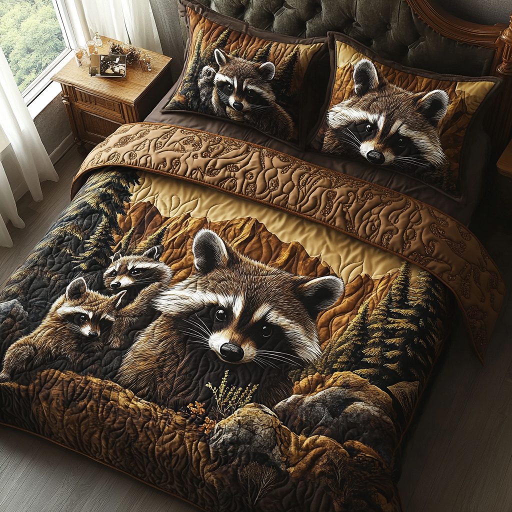 Raccoon Family Quilted Bedding Set Best Bedsheets Hunting Lover Gifts