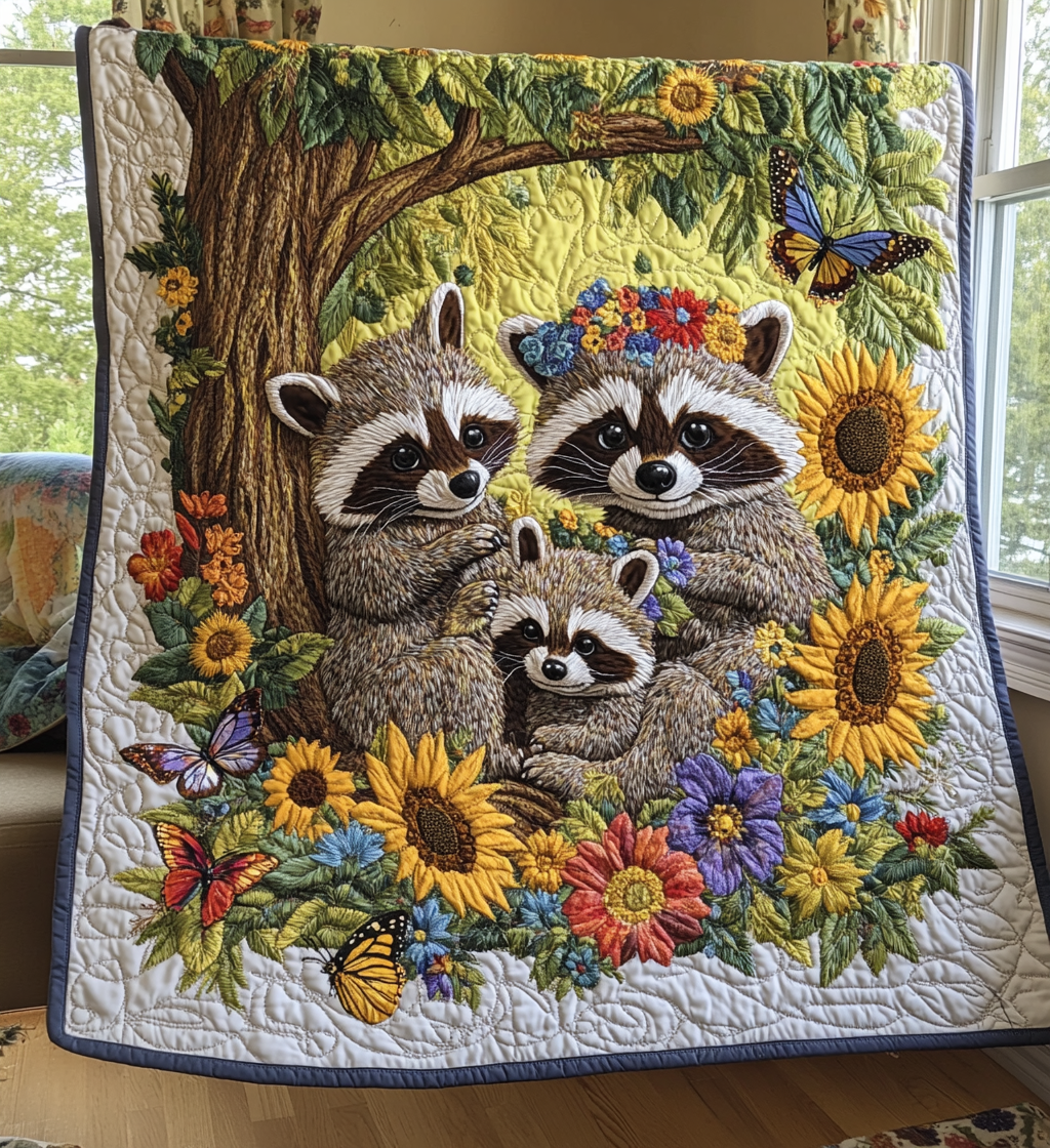 Raccoon Family Quilted Blanket Great Bed Sets Special Gift For Father