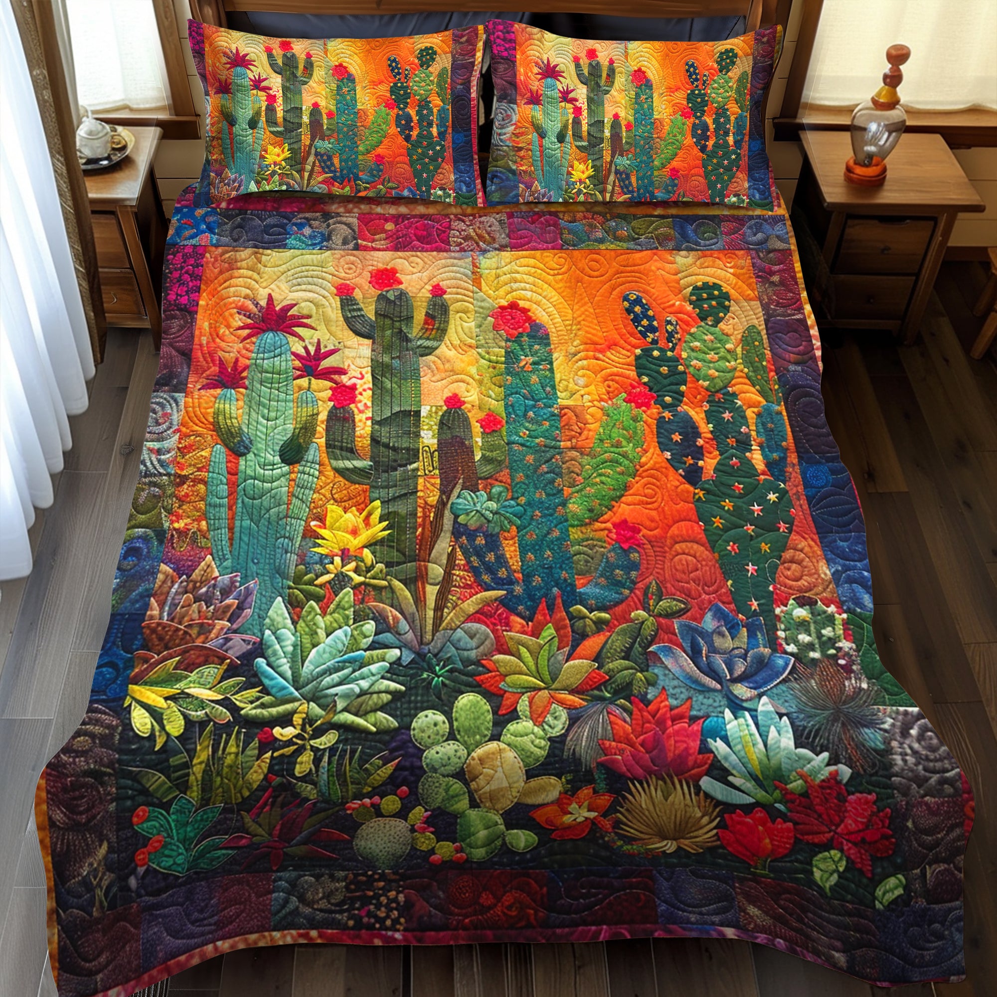 Radiant Desert Cactus Quilted Bedding Set Cute Bedroom Decor Gifts For Cactus Lovers