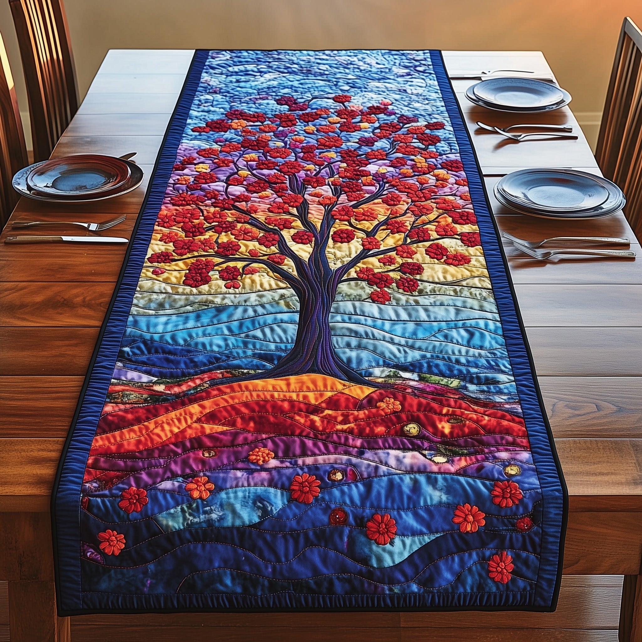 Radiant Sunrise Quilted Table Runner Dining Decor Tree Of Life Gifts For Mom