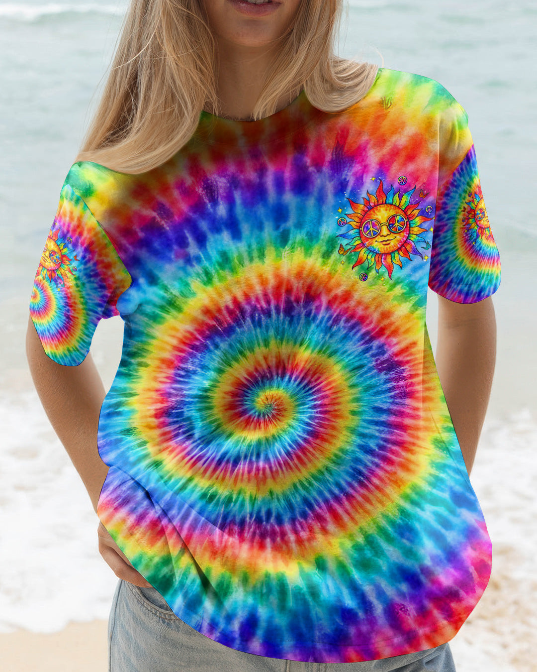 Rainbow Be You The World Will Adjust T-Shirt Sun Rainbow Spiral With Peace Sign Gift For Mom
