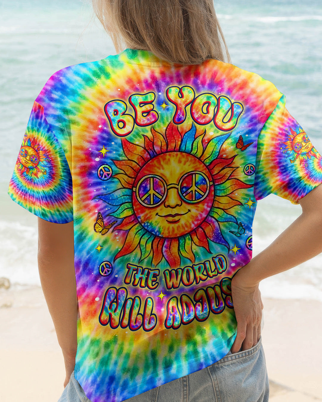 Rainbow Be You The World Will Adjust T-Shirt Sun Rainbow Spiral With Peace Sign Gift For Mom - Image 2