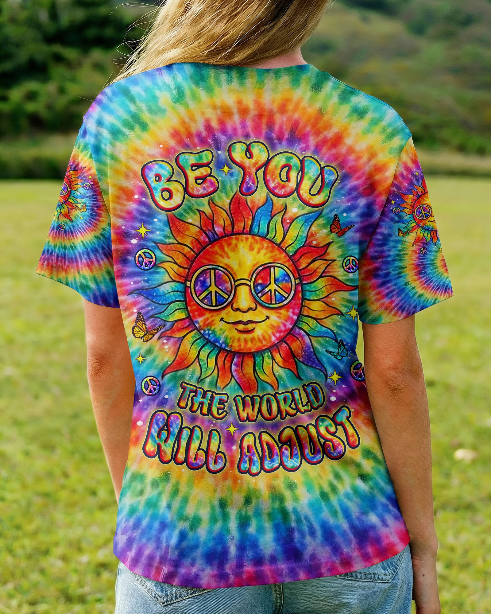 Rainbow Be You The World Will Adjust V-Neck Shirt Peace Sign Inspirational Quote Gift For Wife - Image 2