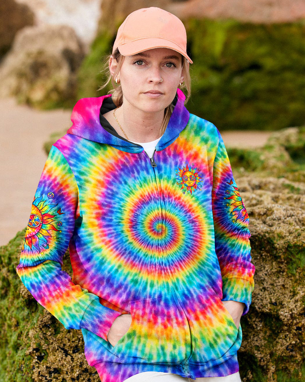 Rainbow Be You The World Will Adjust Zipper Hoodie Sun Rainbow And Spiral Merch Gift For Wife - Image 2