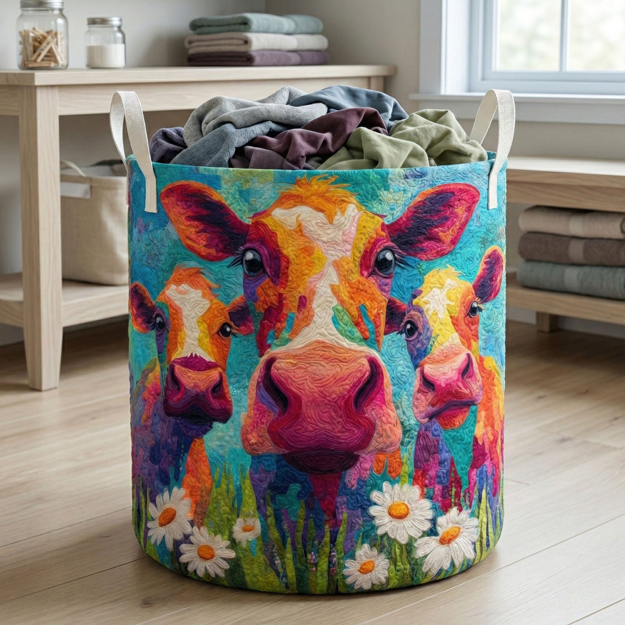 Rainbow Cow Herd Quilted Laundry Basket Best Laundry Basket Cat Presents For Him Herr
