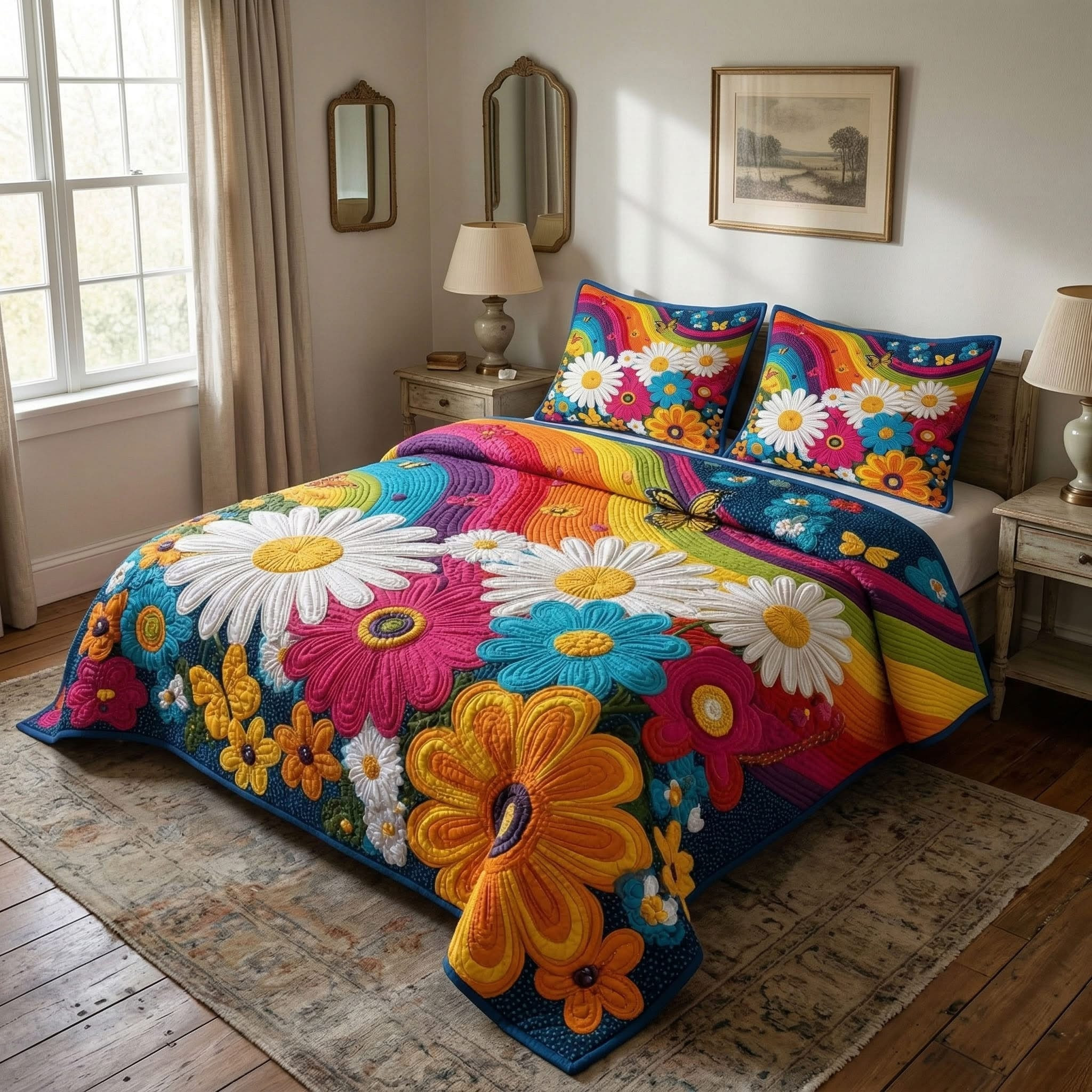 Rainbow Daisy Dream Quilted Bedding Set Colorful Bedding Sets Good Mothers Day Gifts
