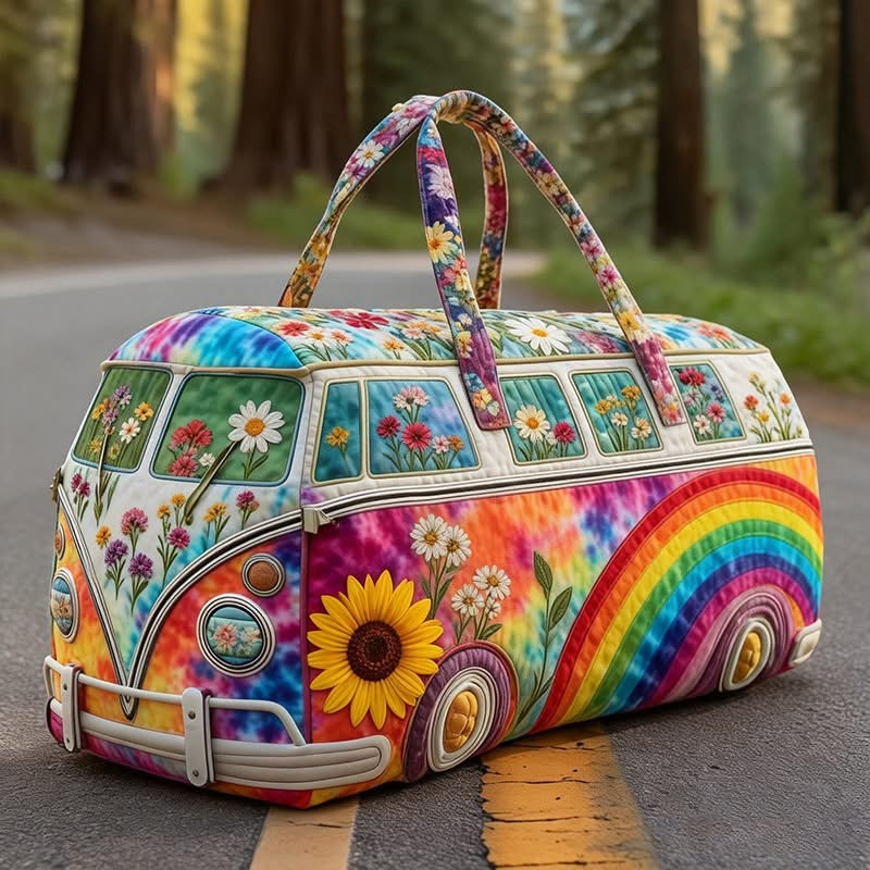 Rainbow Floral Hippie Van Quilted Duffle Bag Peace Sign Flower Bag Gift For Hippie Lovers