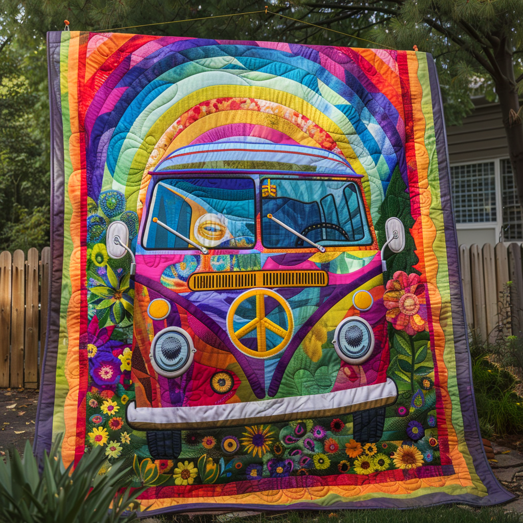 Rainbow Hippie Bus Quilted Blanket Queen Bed Set Mother's Day Gifts For Daughter In Law