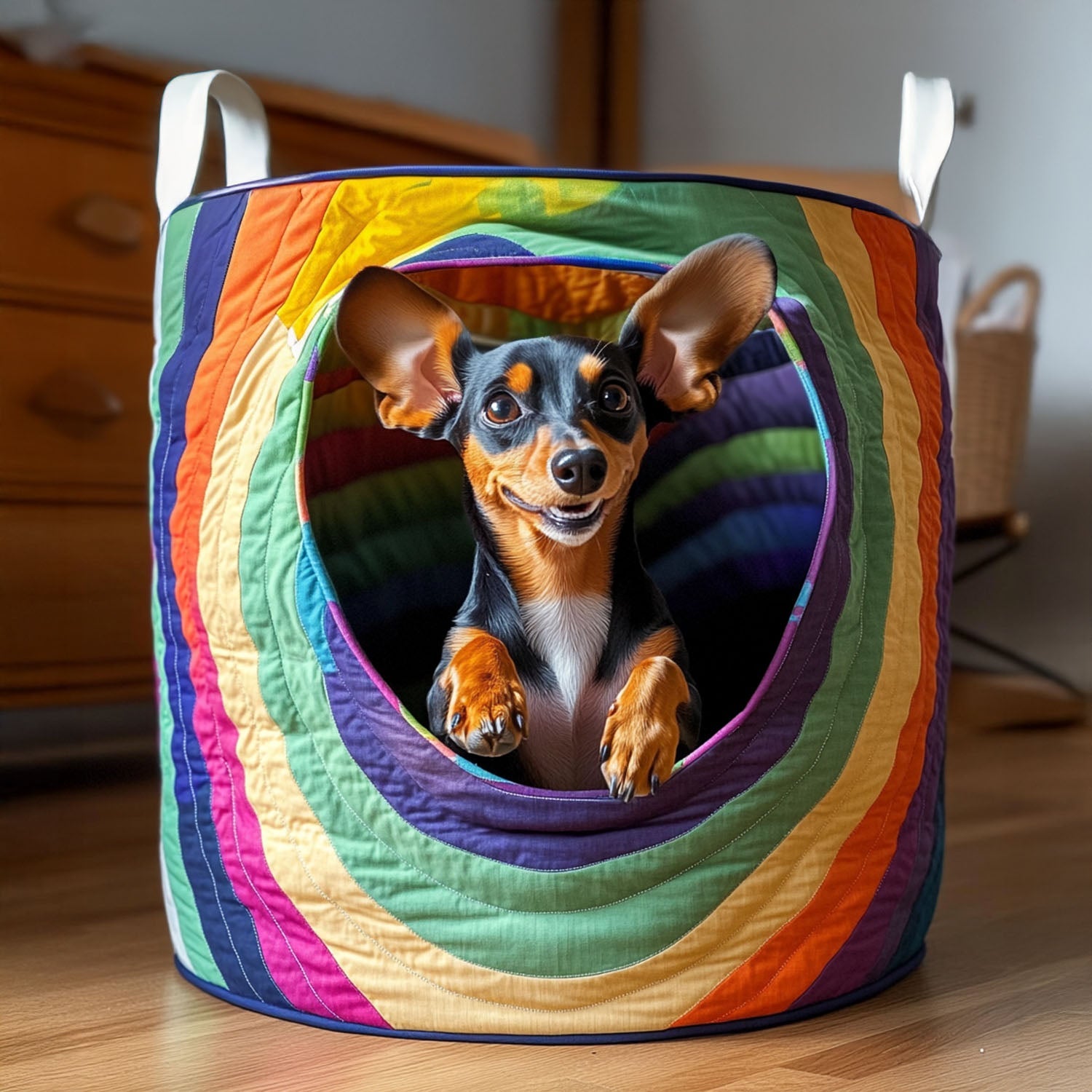 Rainbow Pup Joy Quilted Laundry Basket Unique Hampers Unique Dachshund Gifts