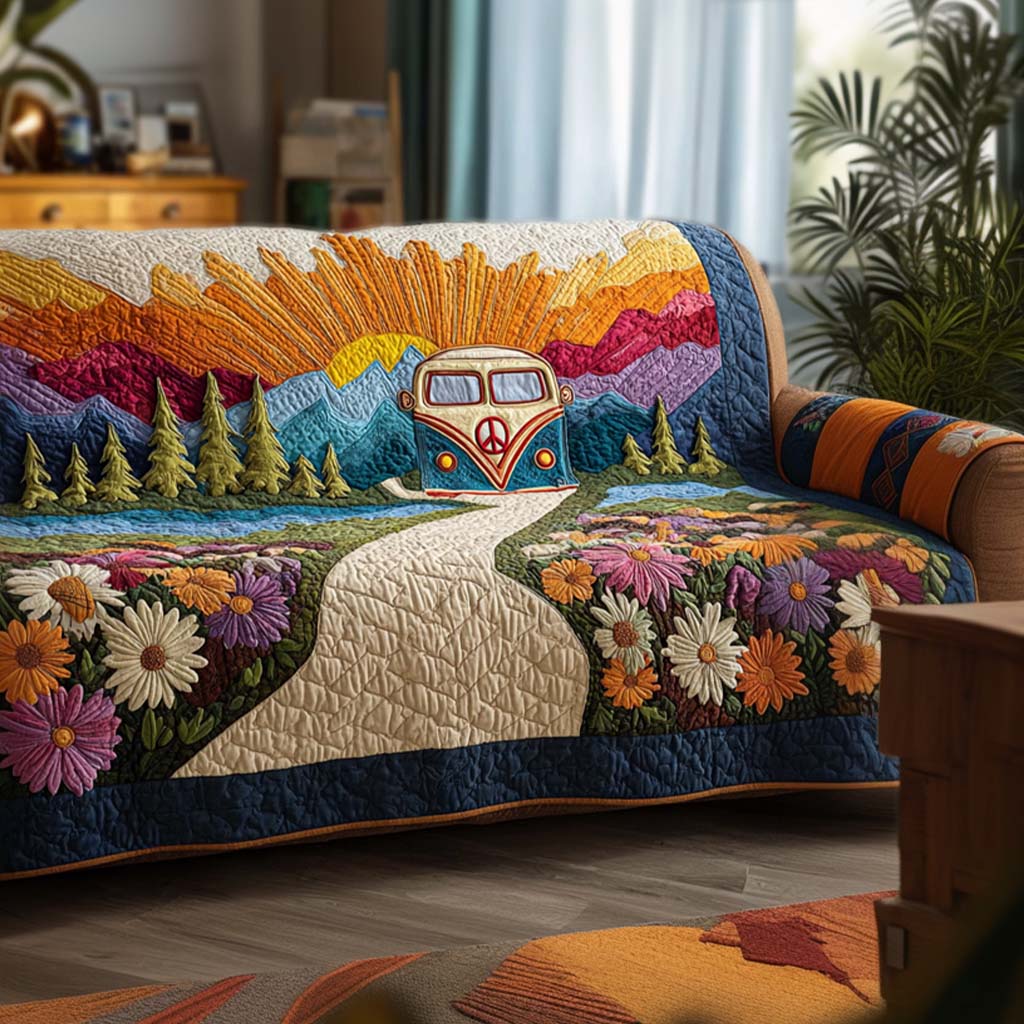 Rainbow Ride Quilted Sofa Cover Sofa Blanket Cover Unique Gifts For Hippies