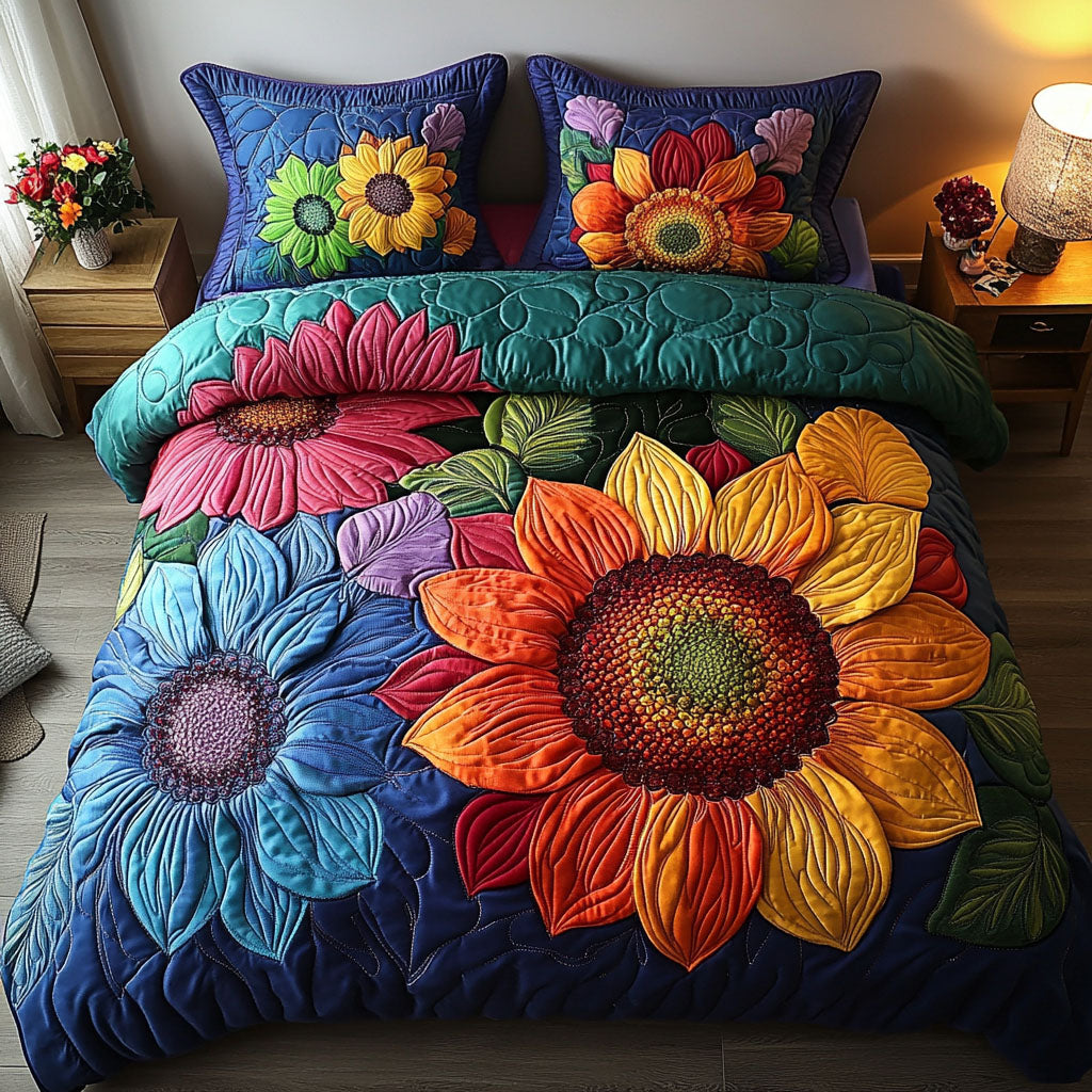 Rainbow Sunflower Quilted Bedding Set Unusual Bed Sheets Sunflower Gifts For Her