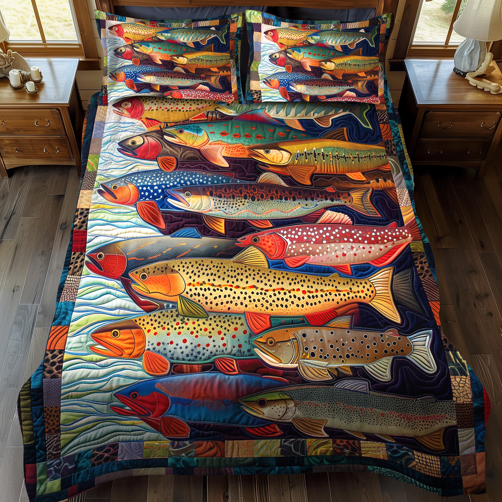 Rainbow Trout Retreat Quilted Bedding Set Bed Sheet Set Gift Ideas For Fishing Lovers
