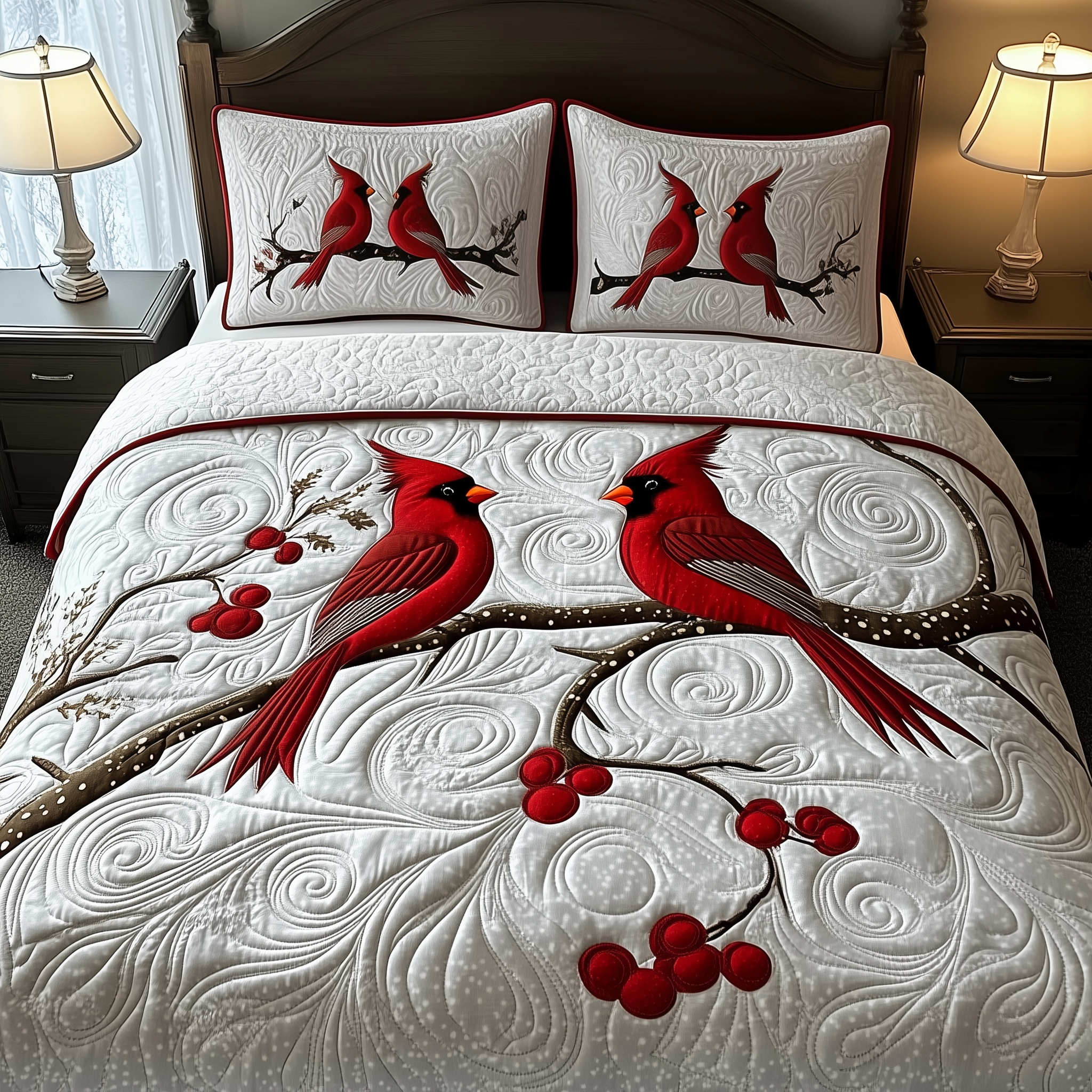 Red Cardinal Couple Quilted Bedding Set Cozy Christmas Bedroom Ideas Unique Cardinal Gift Ideas