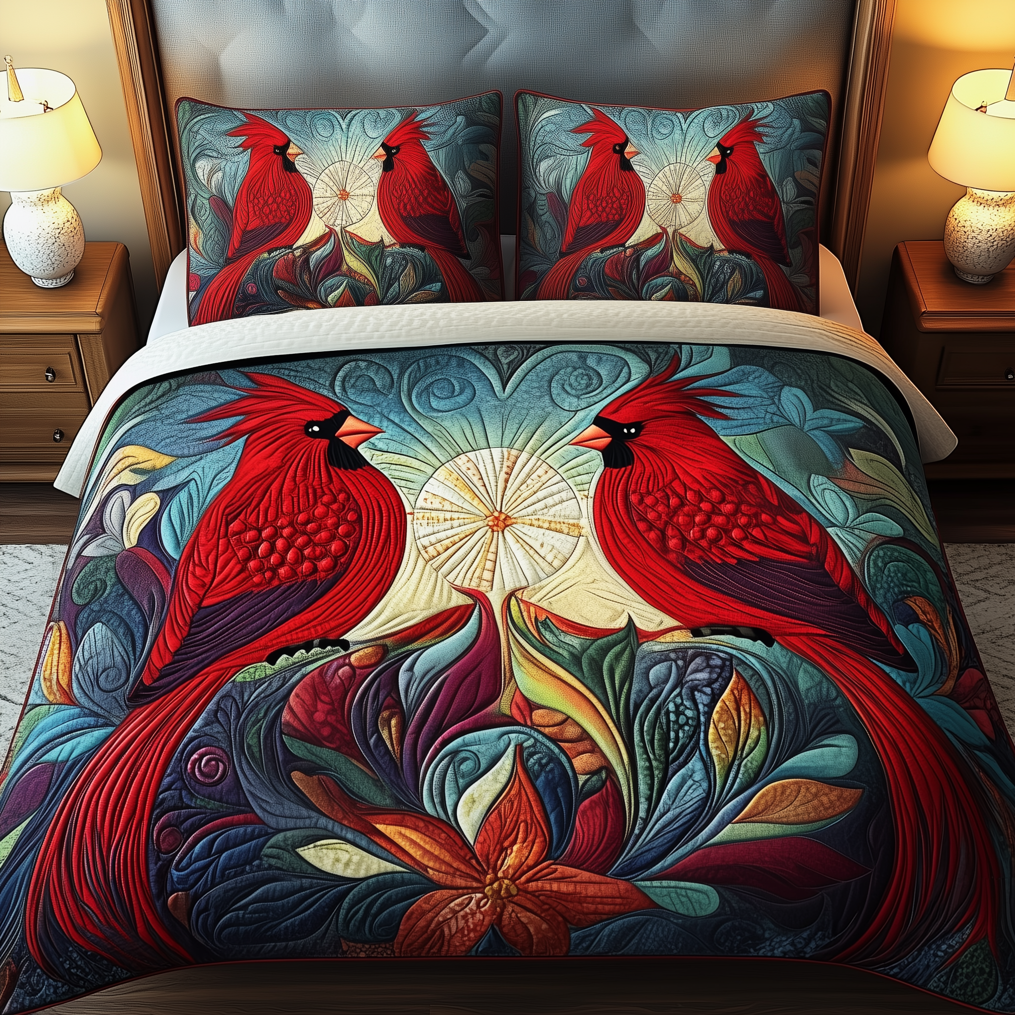 Red Cardinal Couple Quilted Bedding Set Cute Christmas Bedrooms Red Cardinal Bird Gifts