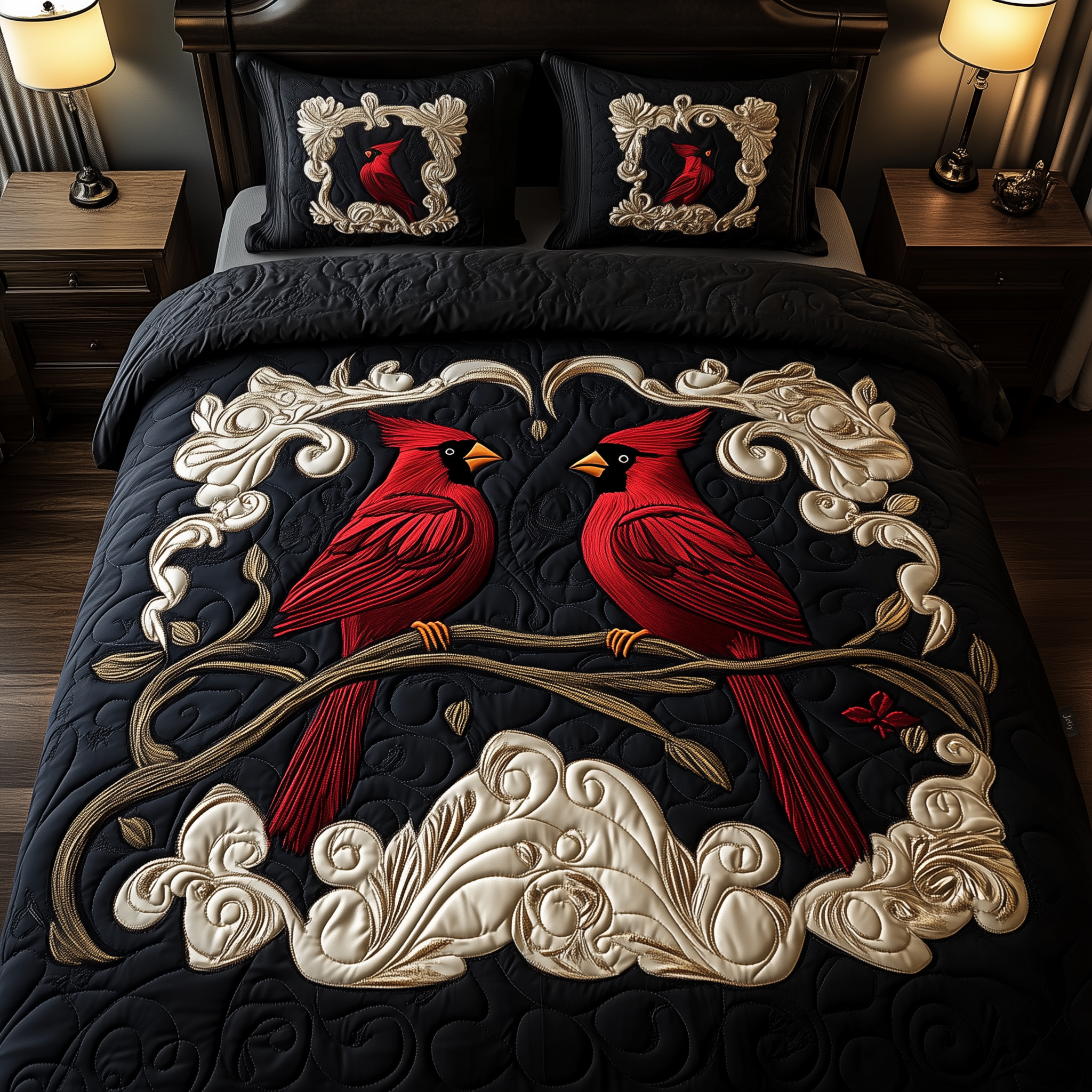 Red Cardinal Couple Quilted Bedding Set Xmas Comforter Sets Cardinal Christmas Gift