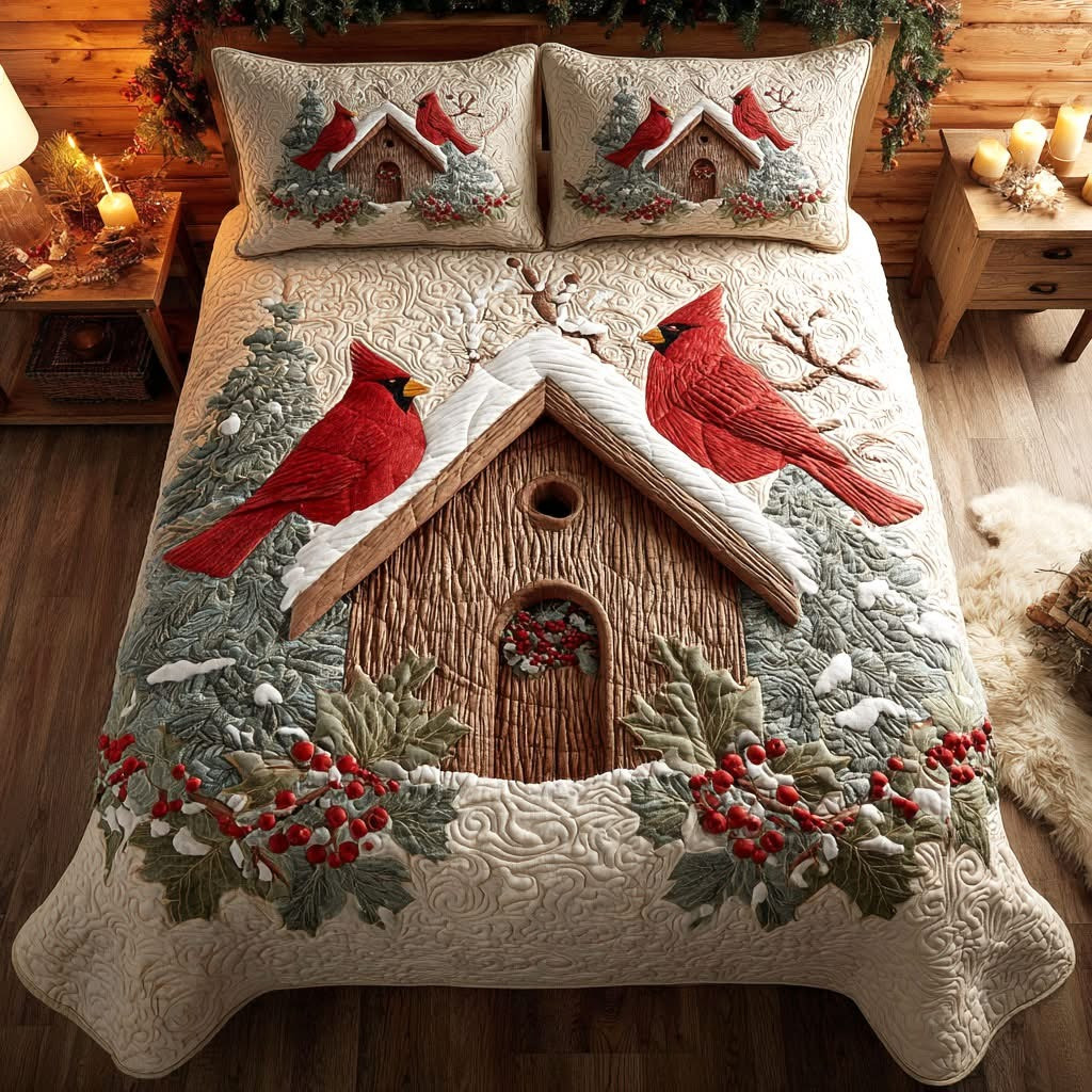Red Cardinal Home Christmas Quilted Bedding Set Unique Cardinal Themed Gifts Holiday