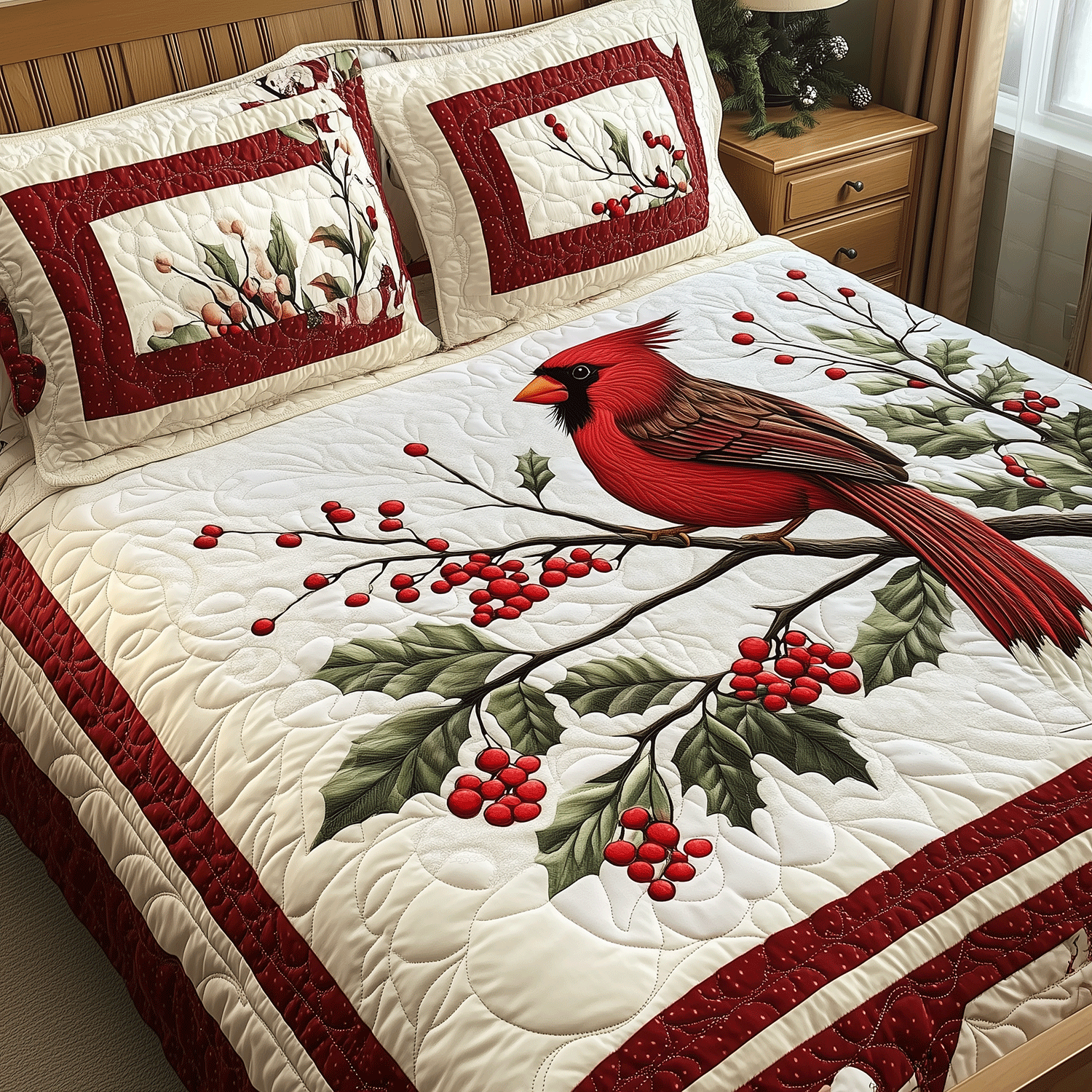 Red Cardinal Serenity Quilted Bedding Set Cute Room Decor Best Cardinal Gift Items