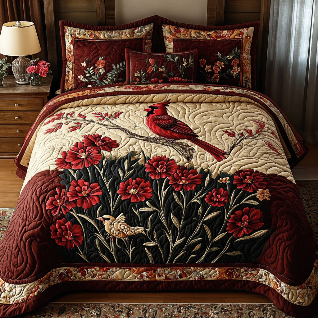 Red Carnations of Buckeye State Quilted Bedding Set Unique Bed Sheet Set Unique Cardinal Bird Gifts