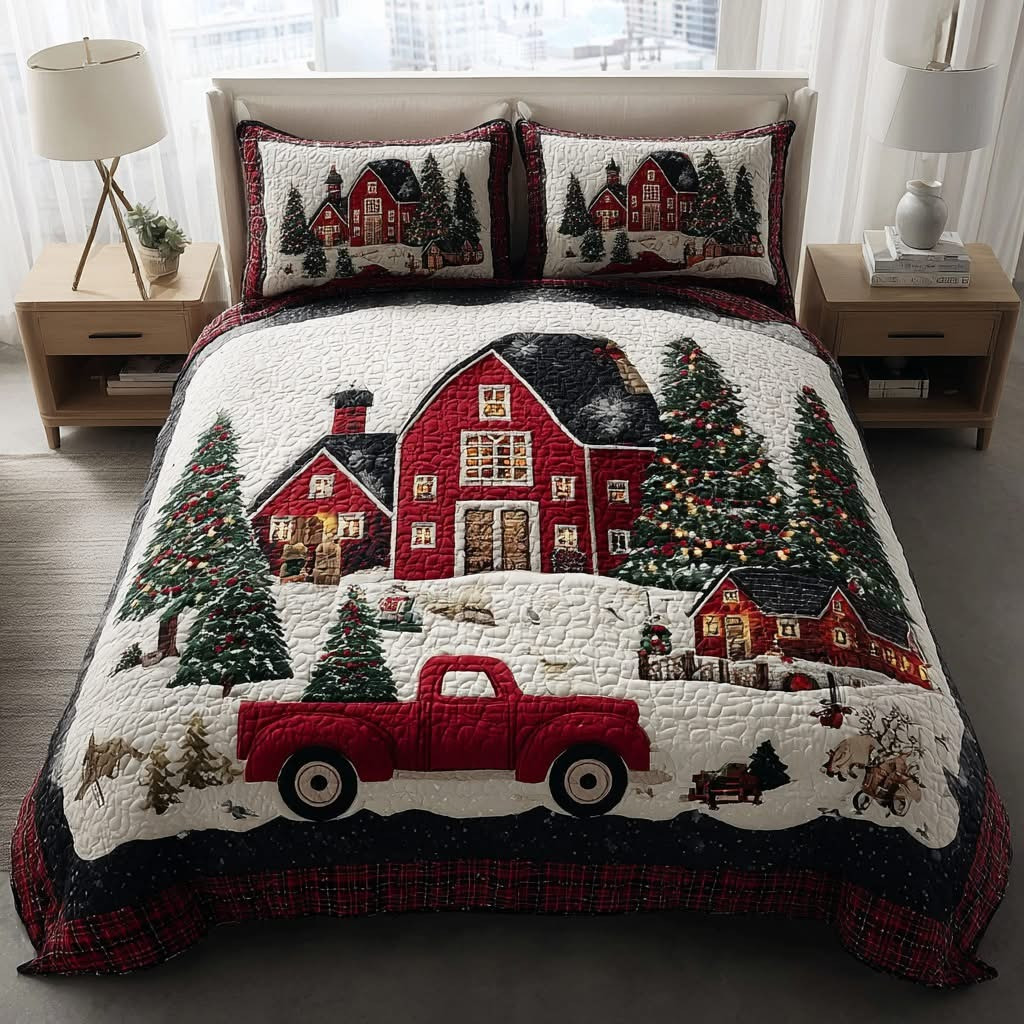 Red Chuck Christmas Village Quilted Bedding Set Holiday Bedroom Decorations Gifts Ideas