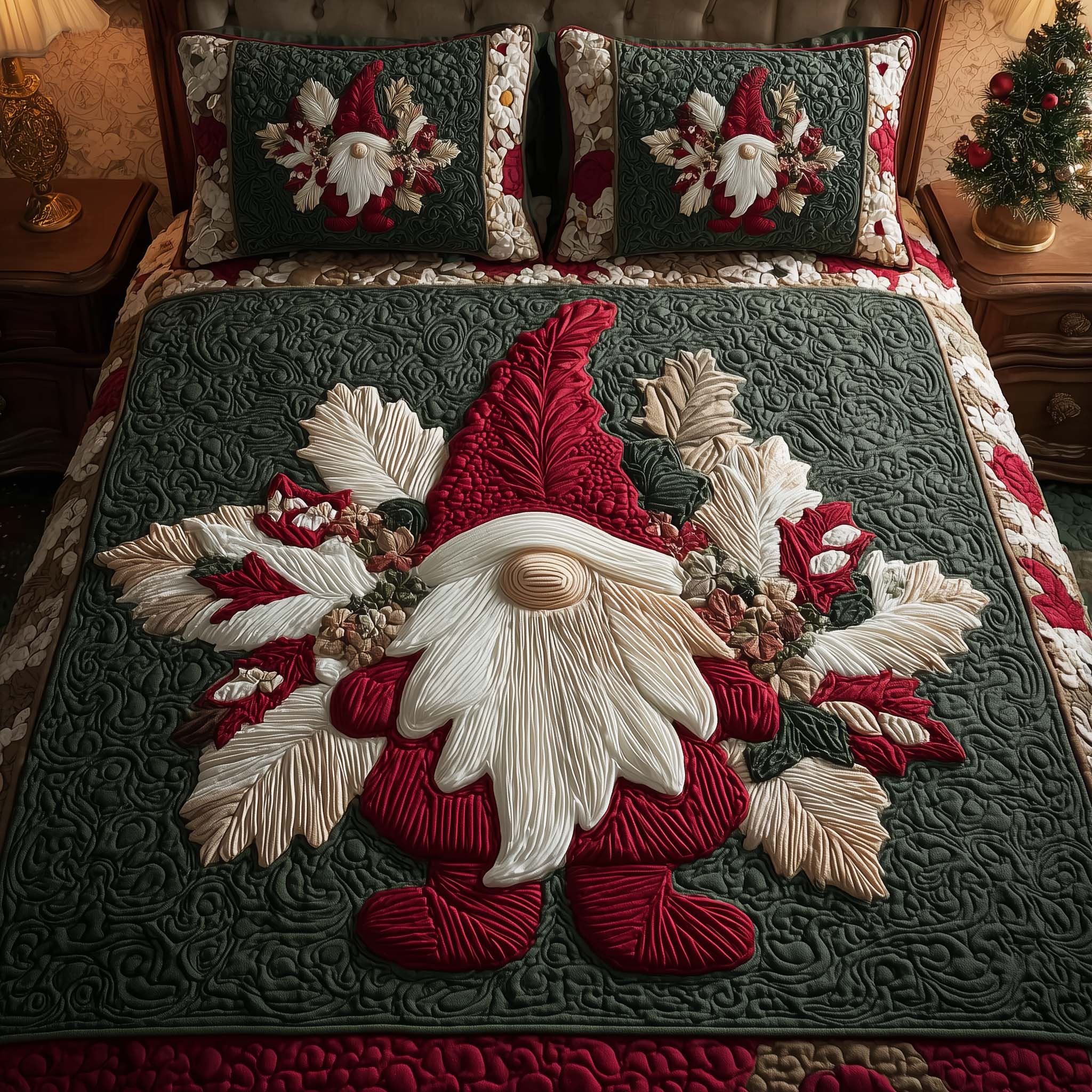 Red Gnome Quilted Bedding Set Christmas Duvet Cover Queen Gifts For Gnome Lovers