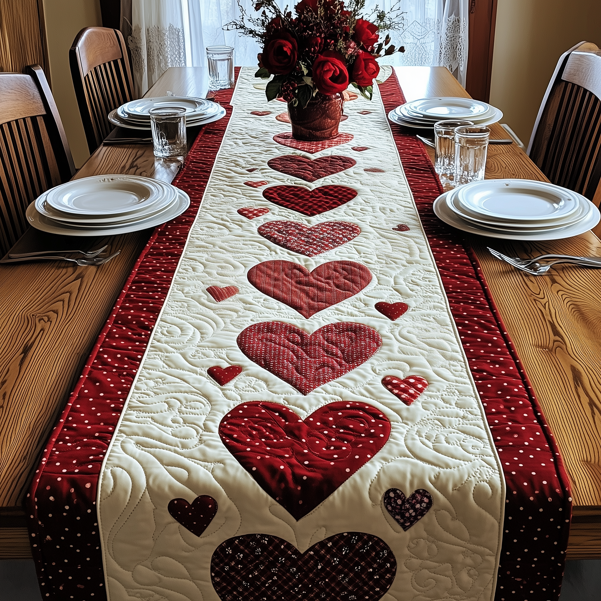 Red Hearts Quilted Table Runner Valentine's Day Table Topper Valentine Day Gifts For Mom