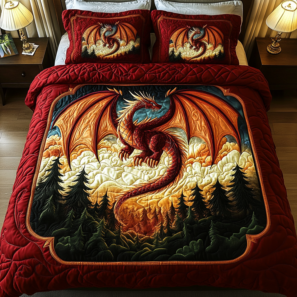 Red Sentinel Quilted Bedding Set Best Bedding Sets Gift For Dragon Lover