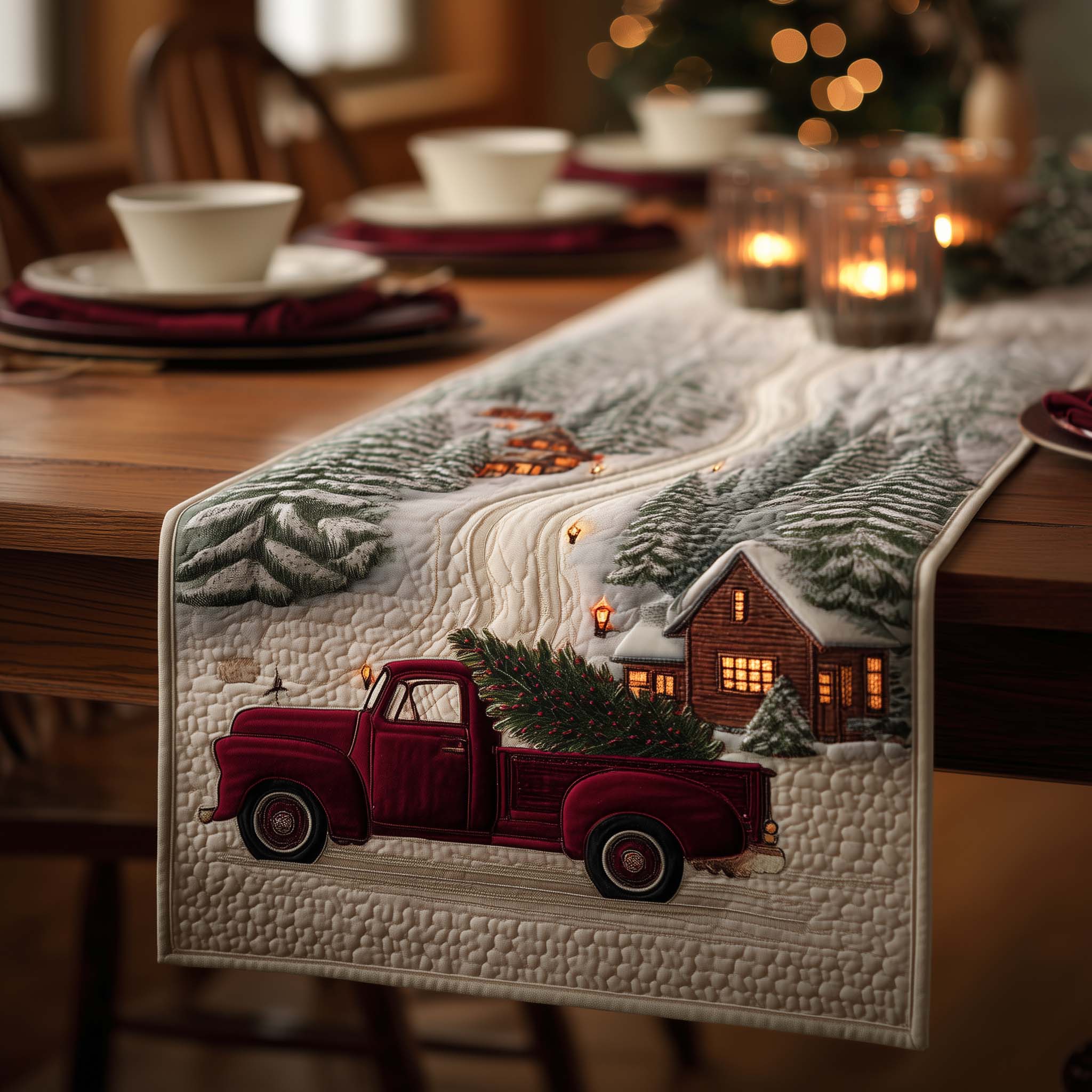 Red Truck Quilted Table Runner Christmas Themed Table Runner Great Family Xmas Gifts
