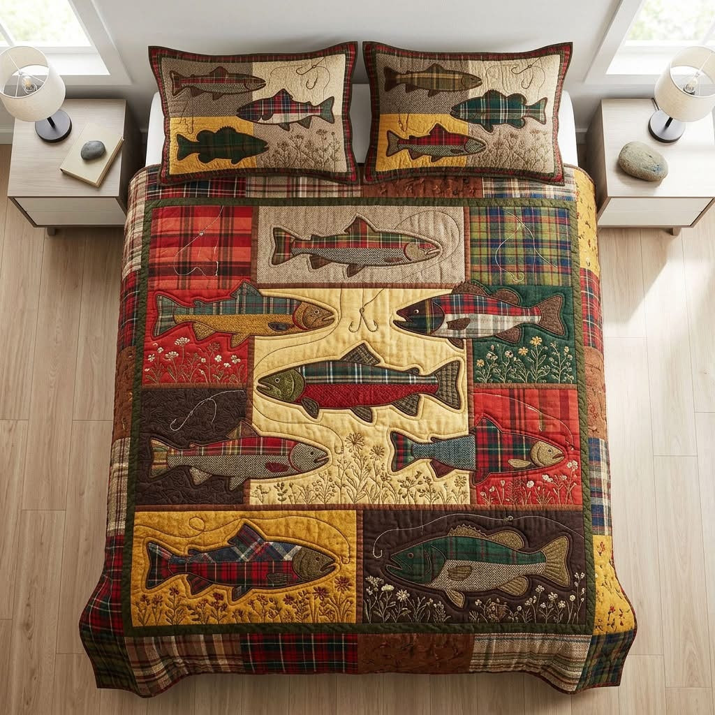 Reel Hunter 3 Piece Quilted Bedding Set Bedroom Decor Gifts Ideas For Fisherman