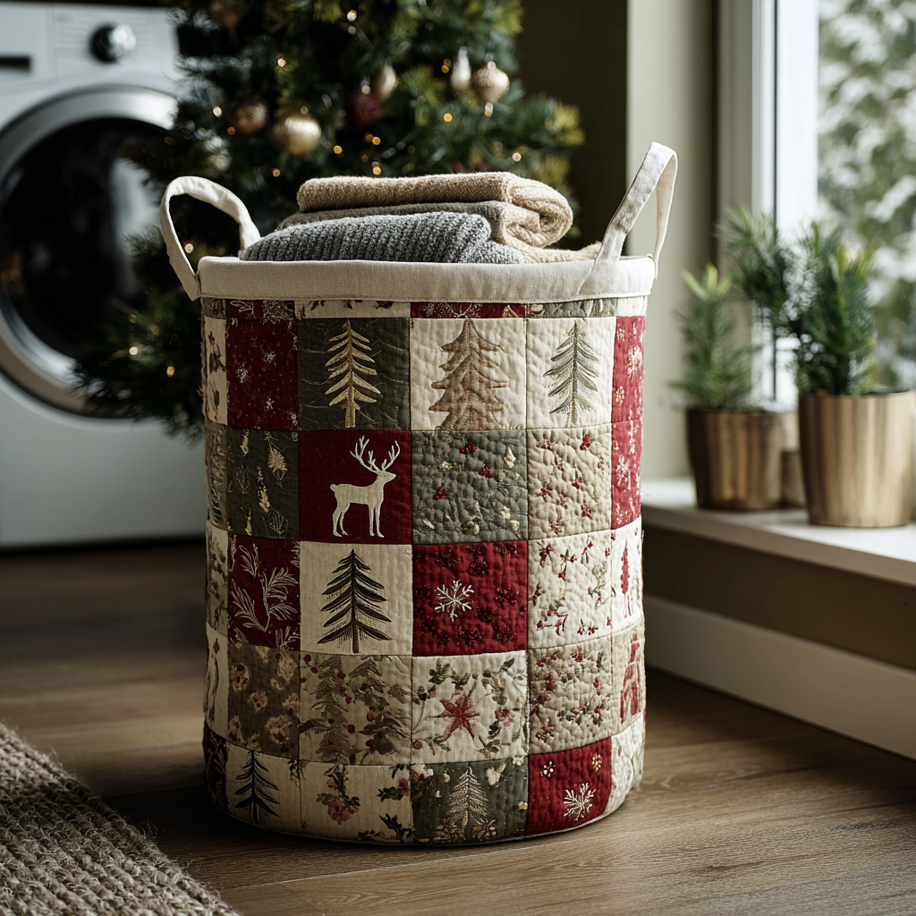 Reindeer Bliss Quilted Laundry Basket Foldable Storage Bin Secret Santa Pressent Ideas