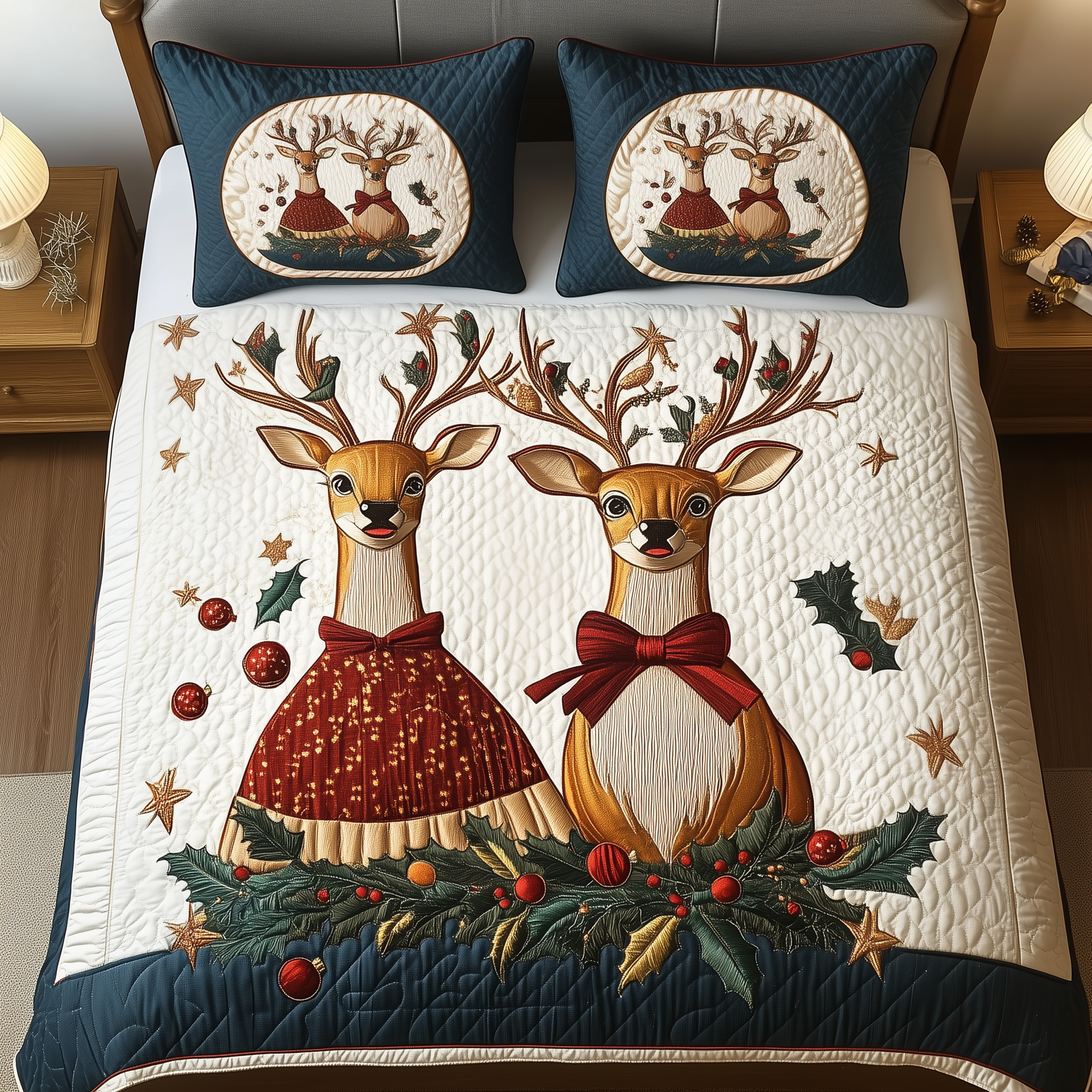 Reindeer Couple Quilted Bedding Set Cute Christmas Bedroom Christmas Gift Ideas For Couples