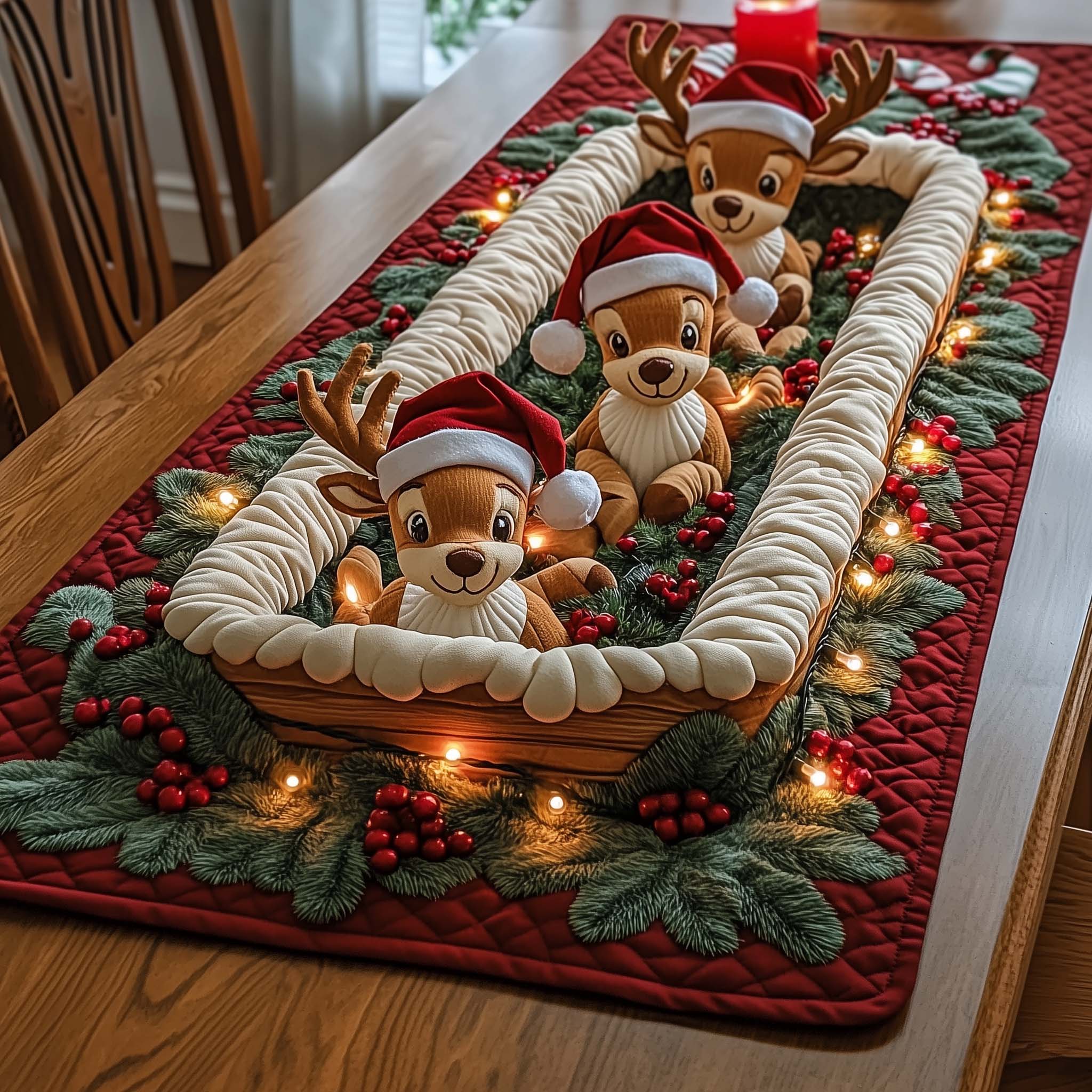 Reindeer Quilted Table Runner Christmas Dining Room Decor Family Xmas Gift Ideas