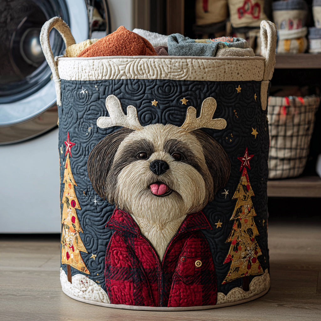 Reindeer Shih Tzu Quilted Laundry Basket Unique Clothes Hamper Dog Owners Gifts Birthday Ideas
