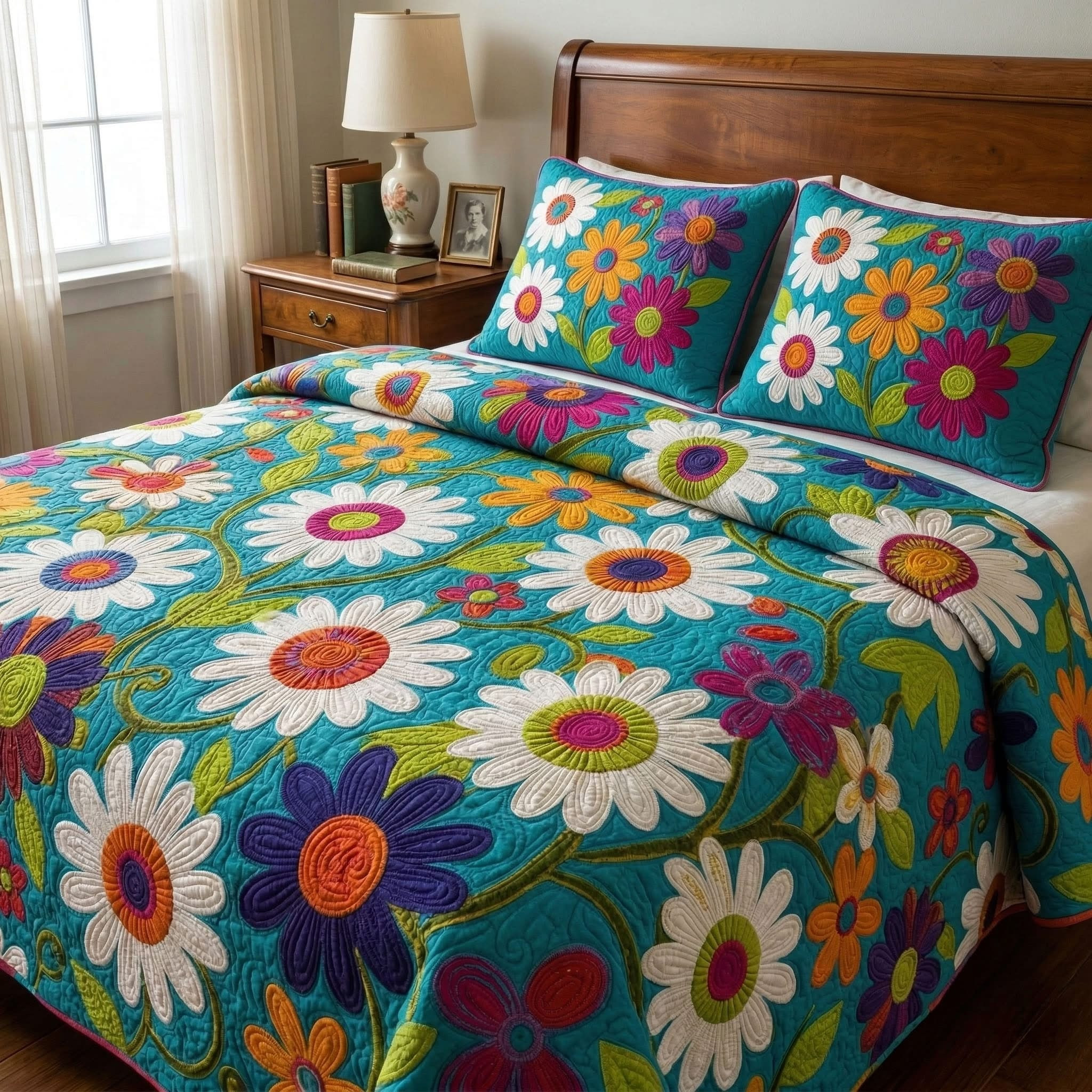 Retro Bloom Field Quilted Bedding Set Colorful Floral Bedspread Set Mother's In Law Gifts